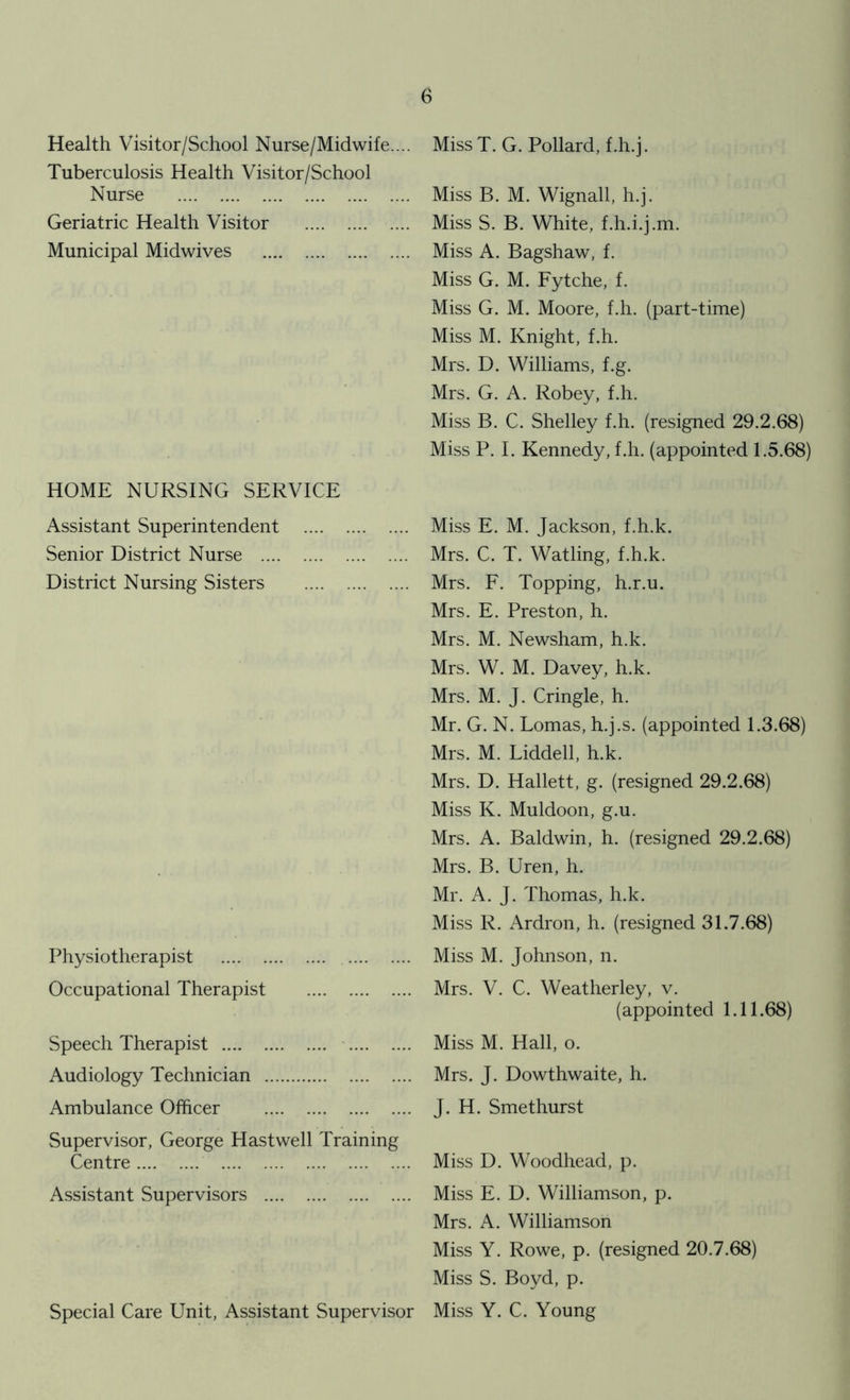 Health Visitor/School Nurse/Midwife.... Tuberculosis Health Visitor/School Nurse Geriatric Health Visitor Municipal Midwives HOME NURSING SERVICE Assistant Superintendent Senior District Nurse District Nursing Sisters Physiotherapist Occupational Therapist Speech Therapist Audiology Technician Ambulance Officer Supervisor, George Hastwell Training Centre Assistant Supervisors Special Care Unit, Assistant Supervisor MissT. G. Pollard, f.h.j. Miss B. M. Wignall, h.j. Miss S. B. White, f.h.i.j.m. Miss A. Bagshaw, f. Miss G. M. Fytche, f. Miss G. M. Moore, f.h. (part-time) Miss M. Knight, f.h. Mrs. D. Williams, f.g. Mrs. G. A. Robey, f.h. Miss B. C. Shelley f.h. (resigned 29.2.68) Miss P. I. Kennedy, f.h. (appointed 1.5.68) Miss E. M. Jackson, f.h.k. Mrs. C. T. Watling, f.h.k. Mrs. F. Topping, h.r.u. Mrs. E. Preston, h. Mrs. M. Newsham, h.k. Mrs. W. M. Davey, h.k. Mrs. M. J. Cringle, h. Mr. G. N. Lomas, h.j.s. (appointed 1.3.68) Mrs. M. Liddell, h.k. Mrs. D. Hallett, g. (resigned 29.2.68) Miss K. Muldoon, g.u. Mrs. A. Baldwin, h. (resigned 29.2.68) Mrs. B. Uren, h. Mr. A. J. Thomas, h.k. Miss R. Ardron, h. (resigned 31.7.68) Miss M. Johnson, n. Mrs. V. C. Weatherley, v. (appointed 1.11.68) Miss M. Hall, o. Mrs. J. Dowthwaite, h. J. H. Smethurst Miss D. Woodhead, p. Miss E. D. Williamson, p. Mrs. A. Williamson Miss Y. Rowe, p. (resigned 20.7.68) Miss S. Boyd, p. Miss Y. C. Young