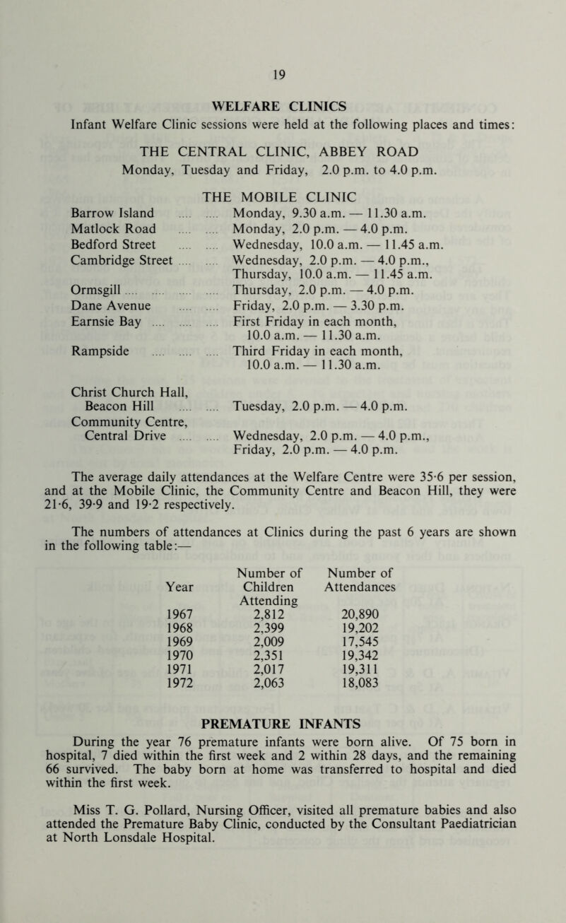 WELFARE CLINICS Infant Welfare Clinic sessions were held at the following places and times: THE CENTRAL CLINIC, ABBEY ROAD Monday, Tuesday and Friday, 2.0 p.m. to 4.0 p.m. Barrow Island Matlock Road Bedford Street Cambridge Street Ormsgill Dane Avenue Earnsie Bay .... Rampside THE MOBILE CLINIC .... Monday, 9.30 a.m. — 11.30 a.m. .... Monday, 2.0 p.m. — 4.0 p.m. .... Wednesday, 10.0 a.m. — 11.45 a.m. .... Wednesday, 2.0 p.m. — 4.0 p.m., Thursday, 10.0 a.m. — 11.45 a.m. .... Thursday, 2.0 p.m. — 4.0 p.m. .... Friday, 2.0 p.m. — 3.30 p.m. .... First Friday in each month, 10.0 a.m. — 11.30 a.m. .... Third Friday in each month, 10.0 a.m. — 11.30 a.m. Christ Church Hall, Beacon Hill Tuesday, 2.0 p.m. — 4.0 p.m. Community Centre, Central Drive Wednesday, 2.0 p.m. — 4.0 p.m., Friday, 2.0 p.m. — 4.0 p.m. The average daily attendances at the Welfare Centre were 35-6 per session, and at the Mobile Clinic, the Community Centre and Beacon Hill, they were 21-6, 39*9 and 19*2 respectively. The numbers of attendances at Clinics during the past 6 years are shown in the following table:— Year Number of Children Number of Attendances 1967 Attending 2,812 20,890 1968 2,399 19,202 1969 2,009 17,545 1970 2,351 19,342 1971 2,017 19,311 1972 2,063 18,083 PREMATURE INFANTS During the year 76 premature infants were born alive. Of 75 born in hospital, 7 died within the first week and 2 within 28 days, and the remaining 66 survived. The baby born at home was transferred to hospital and died within the first week. Miss T. G. Pollard, Nursing Officer, visited all premature babies and also attended the Premature Baby Clinic, conducted by the Consultant Paediatrician at North Lonsdale Hospital.