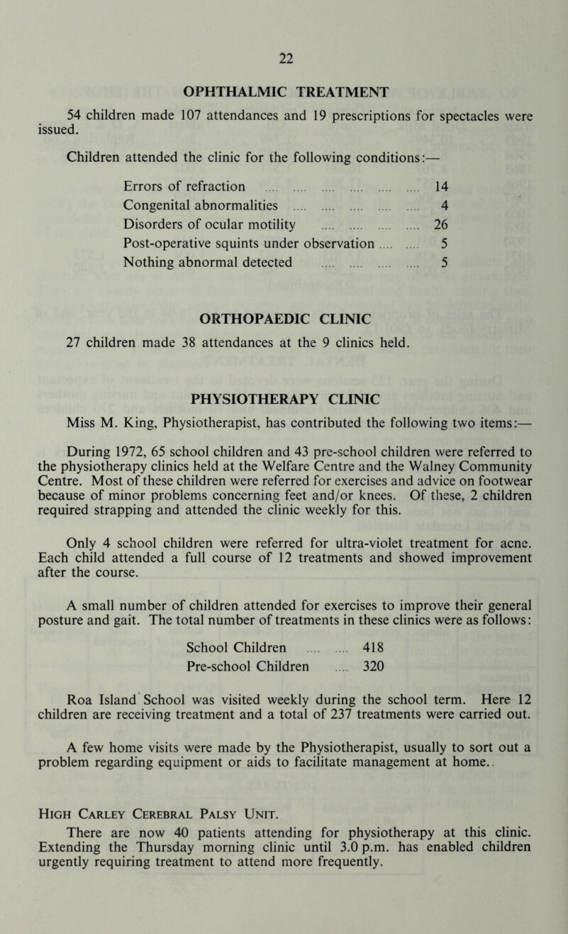 OPHTHALMIC TREATMENT 54 children made 107 attendances and 19 prescriptions for spectacles were issued. Children attended the clinic for the following conditions:— Errors of refraction 14 Congenital abnormalities 4 Disorders of ocular motility 26 Post-operative squints under observation 5 Nothing abnormal detected 5 ORTHOPAEDIC CLINIC 27 children made 38 attendances at the 9 clinics held. PHYSIOTHERAPY CLINIC Miss M. King, Physiotherapist, has contributed the following two items:— During 1972, 65 school children and 43 pre-school children were referred to the physiotherapy clinics held at the Welfare Centre and the Walney Community Centre. Most of these children were referred for exercises and advice on footwear because of minor problems concerning feet and/or knees. Of these, 2 children required strapping and attended the clinic weekly for this. Only 4 school children were referred for ultra-violet treatment for acne. Each child attended a full course of 12 treatments and showed improvement after the course. A small number of children attended for exercises to improve their general posture and gait. The total number of treatments in these clinics were as follows: School Children 418 Pre-school Children .... 320 Roa Island School was visited weekly during the school term. Here 12 children are receiving treatment and a total of 237 treatments were carried out. A few home visits were made by the Physiotherapist, usually to sort out a problem regarding equipment or aids to facilitate management at home.. High Carley Cerebral Palsy Unit. There are now 40 patients attending for physiotherapy at this clinic. Extending the Thursday morning clinic until 3.0 p.m. has enabled children urgently requiring treatment to attend more frequently.