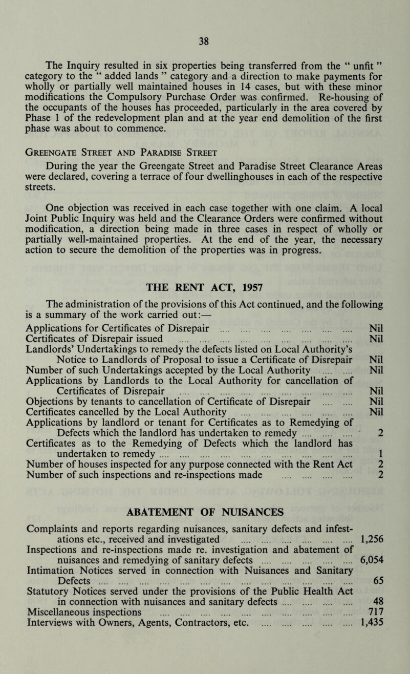 The Inquiry resulted in six properties being transferred from the “ unfit ” category to the “ added lands ” category and a direction to make payments for wholly or partially well maintained houses in 14 cases, but with these minor modifications the Compulsory Purchase Order was confirmed. Re-housing of the occupants of the houses has proceeded, particularly in the area covered by Phase 1 of the redevelopment plan and at the year end demolition of the first phase was about to commence. Greengate Street and Paradise Street During the year the Greengate Street and Paradise Street Clearance Areas were declared, covering a terrace of four dwellinghouses in each of the respective streets. One objection was received in each case together with one claim. A local Joint Public Inquiry was held and the Clearance Orders were confirmed without modification, a direction being made in three cases in respect of wholly or partially well-maintained properties. At the end of the year, the necessary action to secure the demolition of the properties was in progress. THE RENT ACT, 1957 The administration of the provisions of this Act continued, and the following is a summary of the work carried out:— Applications for Certificates of Disrepair Nil Certificates of Disrepair issued Nil Landlords’ Undertakings to remedy the defects listed on Local Authority’s Notice to Landlords of Proposal to issue a Certificate of Disrepair Nil Number of such Undertakings accepted by the Local Authority Nil Applications by Landlords to the Local Authority for cancellation of Certificates of Disrepair Nil Objections by tenants to cancellation of Certificate of Disrepair Nil Certificates cancelled by the Local Authority Nil Applications by landlord or tenant for Certificates as to Remedying of Defects which the landlord has undertaken to remedy ■ 2 Certificates as to the Remedying of Defects which the landlord has undertaken to remedy 1 Number of houses inspected for any purpose connected with the Rent Act 2 Number of such inspections and re-inspections made 2 ABATEMENT OF NUISANCES Complaints and reports regarding nuisances, sanitary defects and infest- ations etc., received and investigated 1,256 Inspections and re-inspections made re. investigation and abatement of nuisances and remedying of sanitary defects 6,054 Intimation Notices served in connection with Nuisances and Sanitary Defects 65 Statutory Notices served under the provisions of the Public Health Act in connection with nuisances and sanitary defects 48 Miscellaneous inspections 717 Interviews with Owners, Agents, Contractors, etc 1,435