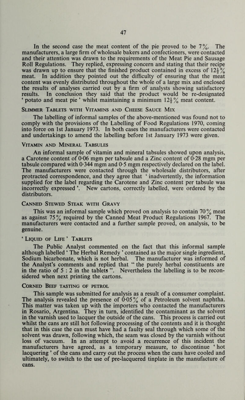 In the second case the meat content of the pie proved to be 7%. The manufacturers, a large firm of wholesale bakers and confectioners, were contacted and their attention was drawn to the requirements of the Meat Pie and Sausage Roll Regulations. They replied, expressing concern and stating that their recipe was drawn up to ensure that the finished product contained in excess of 12 meat. In addition they pointed out the difficulty of ensuring that the meat content was evenly distributed throughout the whole of a large mix and enclosed the results of analyses carried out by a firm of analysts showing satisfactory results. In conclusion they said that the product would be re-designated ‘ potato and meat pie ’ whilst maintaining a minimum 12J% meat content. Slimmer Tablets with Vitamins and Cheese Sauce Mix The labelling of informal samples of the above-mentioned was found not to comply with the provisions of the Labelling of Food Regulations 1970, coming into force on 1st January 1973. In both cases the manufacturers were contacted and undertakings to amend the labelling before 1st January 1973 were given. Vitamin and Mineral Tabsules An informal sample of vitamin and mineral tabsules showed upon analysis, a Carotene content of 0-06 mgm per tabsule and a Zinc content of 0-28 mgm per tabsule compared with 0*344 mgm and 0*5 mgm respectively declared on the label. The manufacturers were contacted through the wholesale distributors, after protracted correspondence, and they agree that ‘ inadvertently, the information supplied for the label regarding the Carotene and Zinc content per tabsule was incorrectly expressed ’. New cartons, correctly labelled, were ordered by the distributors. Canned Stewed Steak with Gravy This was an informal sample which proved on analysis to contain 70 % meat as against 75% required by the Canned Meat Product Regulations 1967. The manufacturers were contacted and a further sample proved, on analysis, to be genuine. ‘ Liquid of Life ’ Tablets The Public Analyst commented on the fact that this informal sample although labelled ‘ The Herbal Remedy * contained as the major single ingredient. Sodium bicarbonate, which is not herbal. The manufacturer was informed of the Analyst’s comments and replied that “ the purely herbal constituents are in the ratio of 5 : 2 in the tablets ”. Nevertheless the labelling is to be recon- sidered when next printing the cartons. Corned Beef tasting of petrol This sample was submitted for analysis as a result of a consumer complaint. The analysis revealed the presence of 0*05 % of a Petroleum solvent naphtha. This matter was taken up with the importers who contacted the manufacturers in Rosario, Argentina. They in turn, identified the contaminant as the solvent in the varnish used to lacquer the outside of the cans. This process is carried out whilst the cans are still hot following processing of the contents and it is thought that in this case the can must have had a faulty seal through which some of the solvent was drawn, following which, the seam was closed by the varnish without loss of vacuum. In an attempt to avoid a recurrence of this incident the manufacturers have agreed, as a temporary measure, to discontinue ‘ hot lacquering ’ of the cans and carry out the process when the cans have cooled and ultimately, to switch to the use of pre-lacquered tinplate in the manufacture of cans.