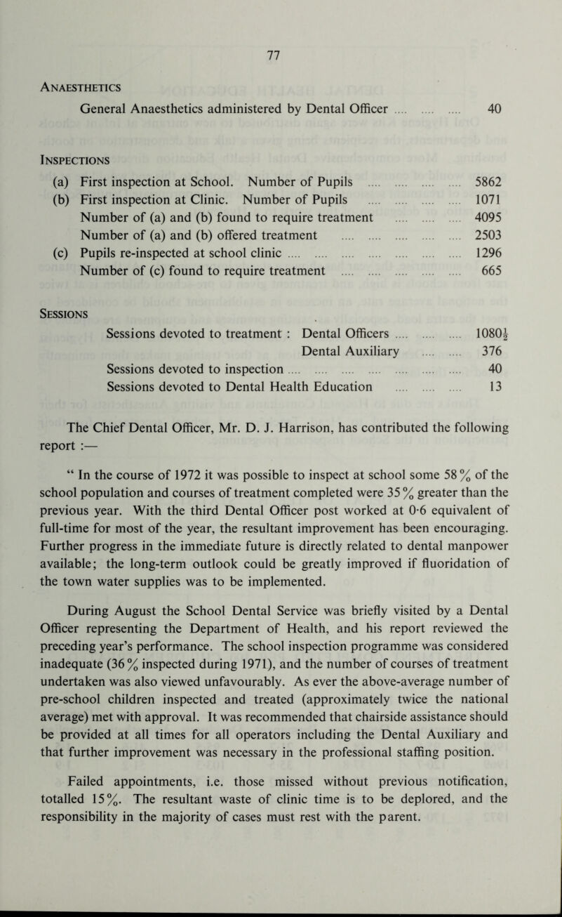 Anaesthetics General Anaesthetics administered by Dental Officer 40 Inspections (a) First inspection at School. Number of Pupils 5862 (b) First inspection at Clinic. Number of Pupils 1071 Number of (a) and (b) found to require treatment 4095 Number of (a) and (b) offered treatment 2503 (c) Pupils re-inspected at school clinic 1296 Number of (c) found to require treatment 665 Sessions Sessions devoted to treatment : Dental Officers 1080J Dental Auxiliary 376 Sessions devoted to inspection 40 Sessions devoted to Dental Health Education 13 The Chief Dental Officer, Mr. D. J. Harrison, has contributed the following report :— “ In the course of 1972 it was possible to inspect at school some 58 % of the school population and courses of treatment completed were 35 % greater than the previous year. With the third Dental Officer post worked at 0-6 equivalent of full-time for most of the year, the resultant improvement has been encouraging. Further progress in the immediate future is directly related to dental manpower available; the long-term outlook could be greatly improved if fluoridation of the town water supplies was to be implemented. During August the School Dental Service was briefly visited by a Dental Officer representing the Department of Health, and his report reviewed the preceding year’s performance. The school inspection programme was considered inadequate (36 % inspected during 1971), and the number of courses of treatment undertaken was also viewed unfavourably. As ever the above-average number of pre-school children inspected and treated (approximately twice the national average) met with approval. It was recommended that chairside assistance should be provided at all times for all operators including the Dental Auxiliary and that further improvement was necessary in the professional staffing position. Failed appointments, i.e. those missed without previous notification, totalled 15%. The resultant waste of clinic time is to be deplored, and the responsibility in the majority of cases must rest with the parent.