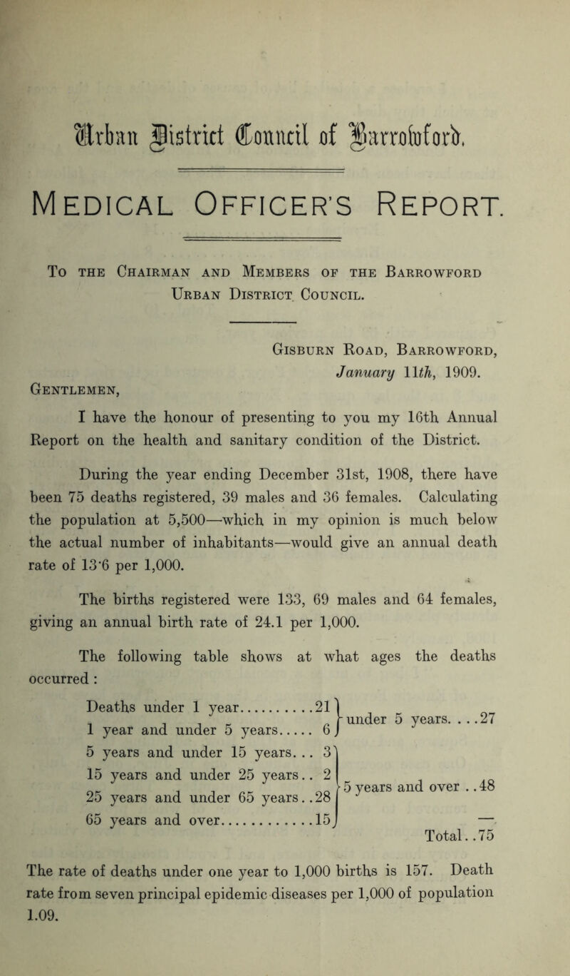 ErbEii district Coiuitil of ^arrofeforb, Medical Officer’s Report. To THE Chairman and Members of the Barrowford Urban District Council. Gisburn Eoad, Barrowford, January llth, 1909. Gentlemen, I have the honour of presenting to you my 16th Annual Report on the health and sanitary condition of the District. During the year ending December 31st, 1908, there have been 75 deaths registered, 39 males and 36 females. Calculating the population at 5,500—which in my opinion is much below the actual number of inhabitants—would give an annual death rate of 13*6 per 1,000. The births registered were 133, 69 males and 64 females, giving an annual birth rate of 24.1 per 1,000. The following table shows at what ages the deaths occurred : Deaths under 1 year 21 1 year and under 5 years 6 5 years and under 15 years. .. 3' 15 years and under 25 years.. 2 25 years and under 65 years.. 28 65 years and over 15^ under 5 years. ... 27 5 years and over .. 48 Total. .75 The rate of deaths under one year to 1,000 births is 157. Death rate from seven principal epidemic diseases per 1,000 of population 1.09.