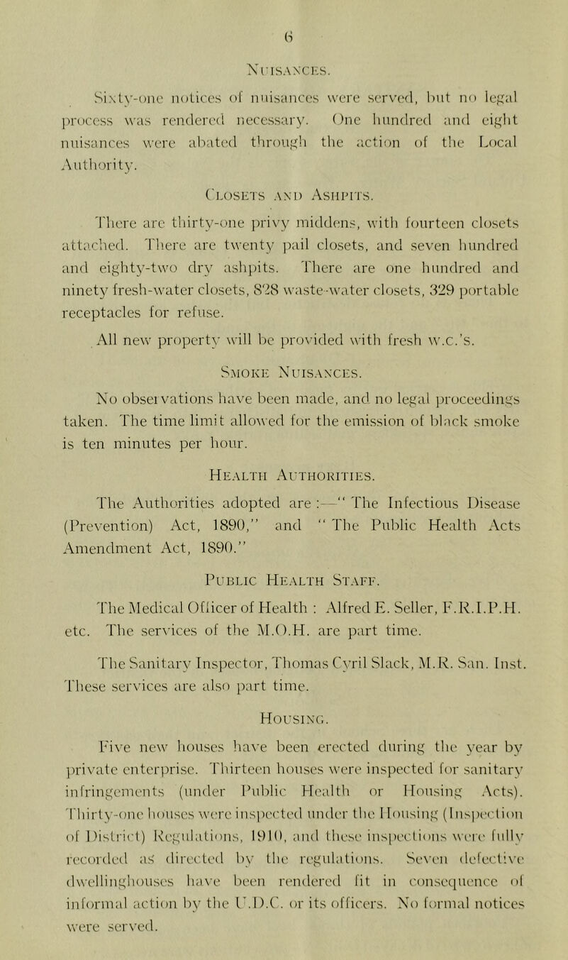XrisAXCi'.s. Si.\(.\'-()nc notices ol nuisances were served, l)ut no lef^al process was rendered necessary. One hundred and eight nuisances were abated through the ;iction of the Local Authority. ('Losins .\xi) Asiiiu'is. 'I'hcre arc thirty-one privy middens, with fourteen closets attached. Tliere are twenty pail closets, and seven hundred and eighty-two dry ashjats. There are one hundred anfl ninet}^ fresh-water closets, S'f8 waste -water closets, 329 portable receptacles for refuse. All new property will be provided with fresh w.c.’s. Smoke Nuis.xxces. No obseivations have been made, and no legal proceedings taken. The time limit allowed for the emission of black smoke is ten minutes per hour. He.-vltii AuTHORrriES. The Authorities adopted are :—“ The Infectious Disease (Prevention) Act, 1890,” and “ The Public Health Acts Amendment Act, 1890.” Public He.vlth St.-vfe. The Medical Oflicer of Health ; Alfred E. Seller, F.R.I.P.H. etc. The .services of the iM.O.H. are part time. The Sanitary Inspector, Thomas Cyril Slack, M.R. San. Inst. These services are also part time. Housixg. hdve new houses liave been erected during the year bv private enter]irisc. Thirteen houses were inspected for sanitary infringements (under Public Health or Housing .-\cts). 'riiirly-one houses wc-re inspected under the 1 lousing (Insi)ection of Disti'ict) Regulations, 1910, and lhe.se ins[)eclions were fully recorded as' directed by the regulations. Sex’en delectwe dwellinghouses ha\'e been rendered fit in consequcmcc of informal action by the IhD.C. or its officers. No formal notices were served.