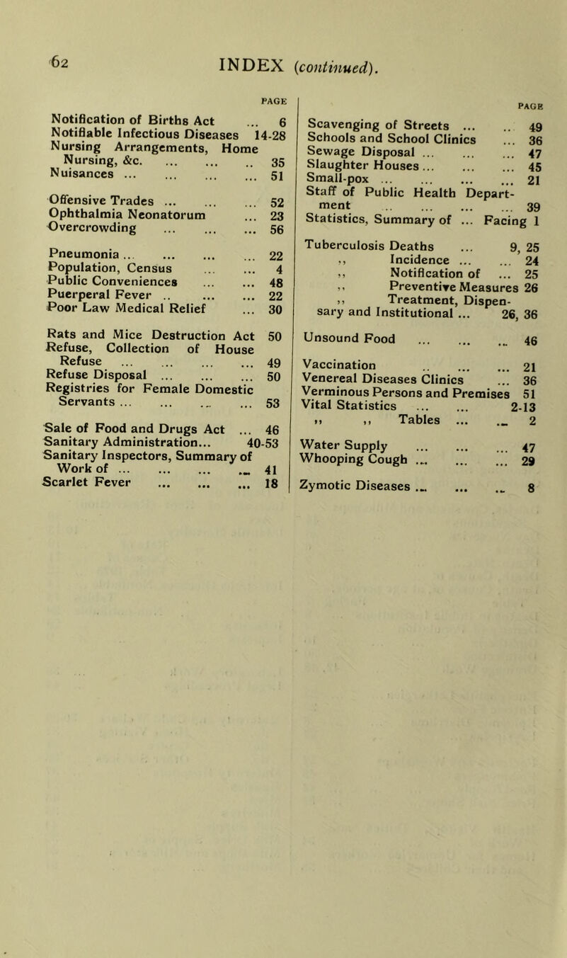 INDEX {continued). PAGE Notification of Births Act ... 6 Notifiable Infectious Diseases 14-28 Nursing Arrangements, Home Nursing, &c 35 Nuisances ... ... ... ... 51 Ofifensive Trades 52 Ophthalmia Neonatorum ... 23 Overcrowding 56 Pneumonia .. ... 22 Population, Census 4 Public Conveniences ... ... 48 Puerperal Fever ... ... 22 Poor Law Medical Relief ... 30 Rats and Mice Destruction Act 50 Refuse, Collection of House Refuse ... 49 Refuse Disposal 50 Registries for Female Domestic Servants ... ... 53 Sale of Food and Drugs Act ... 46 Sanitary Administration... 40-53 Sanitary Inspectors, Summary of Work of 41 Scarlet Fever 18 PAGE Scavenging of Streets 49 Schools and School Clinics ... 36 Sewage Disposal 47 Slaughter Houses 45 Small-pox 21 Staff of Public Health Depart- ment 39 Statistics, Summary of ... Facing 1 Tuberculosis Deaths ... 9, 25 Incidence ... ... 24 ,, Notification of ... 25 Preventive Measures 26 ,, Treatment, Dispen- sary and Institutional ... 26, 36 Unsound Food ... ... ... 45 Vaccination 2I Venereal Diseases Clinics ... 36 Verminous Persons and Premises 51 Vital Statistics 2-13 t) .. Tables ... ._ 2 Water Supply ... ... ... 47 Whooping Cough 29 Zymotic Diseases 8