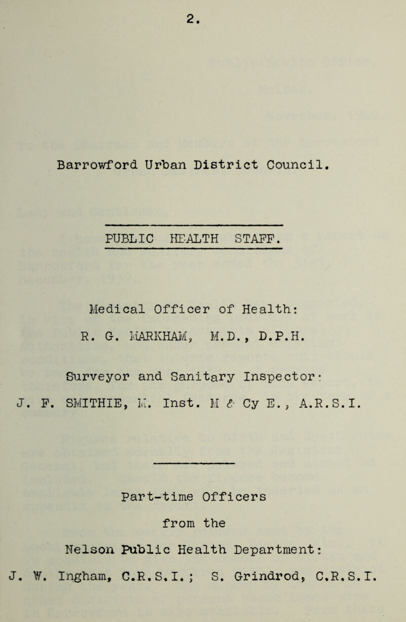 2 Barrowford Ur'ban District Council. PUBLIC HE.ALTH STAFF. Medical Officer of Health; R. G. HAEKHAivi, M.D., D.P.H. Surveyor and Sanitary Inspector: J. P. SMITHIE, Inst. H <?■ Cy E. , A.R.S.I, Part-time Officers from the Nelson Public Health Department: J. W. Ingham, G.E.S.I.; S. Grindrod, C.R.S.I.