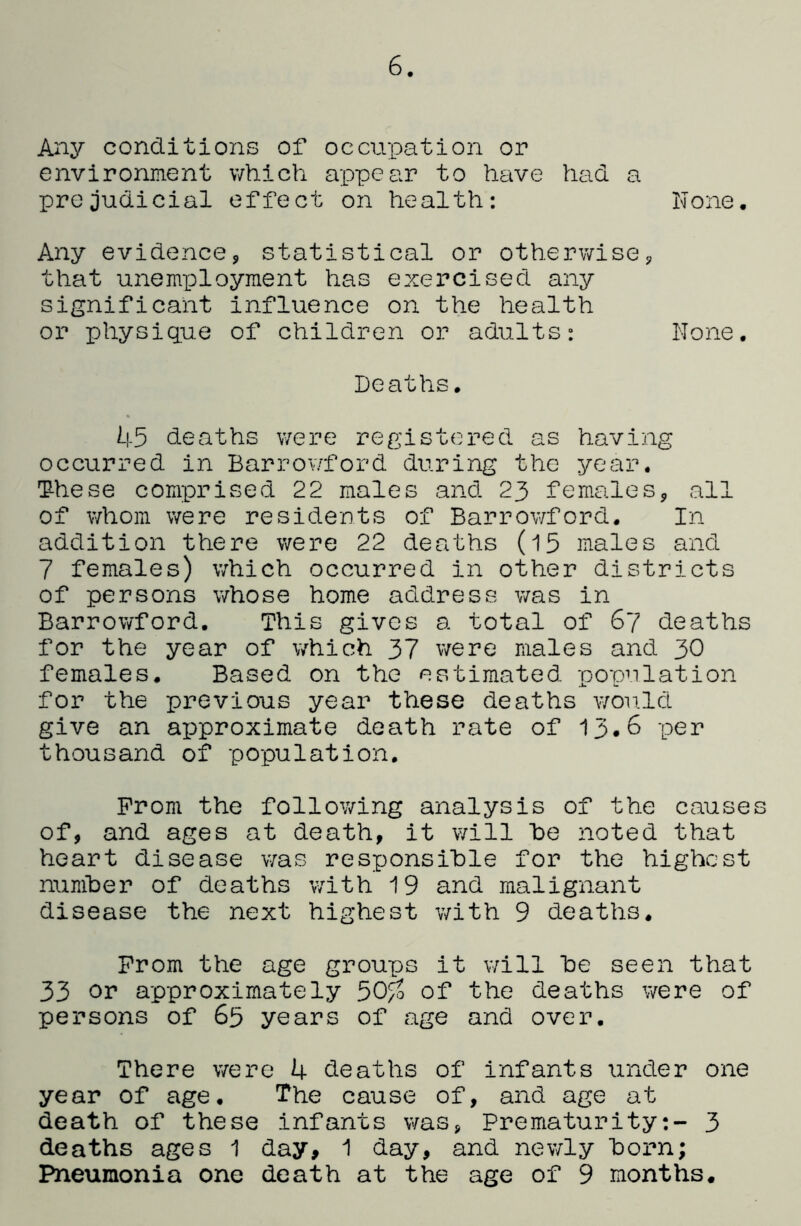 6. Any conditions of occupation or environment which appear to have had a prejudicial effect on health: None. Any evidence, statistical or otherwise, that unemxoloyment has exercised any significant influence on the health or physique of children or adults: None. Deaths. 45 deaths were registered as having occurred in Barrowford during the year. ■^hese comprised 22 males and 23 females, all of whom were residents of Barrowford. In addition there were 22 deaths (15 males and 7 females) which occurred in other districts of persons whose home address v/as in Barrowford. This gives a total of 67 deaths for the year of which 37 v/ere males and 30 females. Based on the estimated population for the previous year these deaths would give an approximate death rate of 13.6 -per thousand of population. Prom the following analysis of the causes of, and ages at death, it will he noted that heart disease was responsible for the highest number of deaths with 19 and malignant disease the next highest v/ith 9 deaths. From the age groups it v/ill be seen that 33 or approximately 50^^ of the deaths were of persons of 65 years of age and over. There were 4 deaths of infants under one year of age. The cause of, and age at death of these infants was, Prematurity:- 3 deaths ages 1 day, 1 day, and newly born;