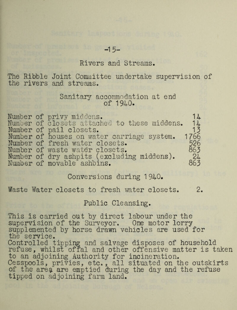 -15- Rivers and Streams The Ribhle Joint CoiiMittee undertake supervision of the rivers and streaiES. Sanitarjr accommodation at end of 1%0. Number of Nuimber of Number of Number of Number of Number of Number of Nuinber of privy middens. closets attached to these middens, pail closets. houses on water carriage system, fresh ¥mter closets, vmste v/atdr closets, dry ashpits (excluding middens), movable ashbins. U U 13 1766 526 863 21 863 Conversions during 1 %0. Waste Water closets to fresh water closets. 2. Public Cleansing. This is carried out by direct labour under the supervision of the Surveyor. One motor lorry supplemented by horse drawn vehicles are used for the service. Controlled tipping and salvage disposes of household refuse, whilst offal and other offensive matter is taken to an adjoining Authority for incineration. Cesspools, privies, etc., all situated on the outskirts of tne are§. are emptied during the day and the refuse tipped on adjoining farm land.