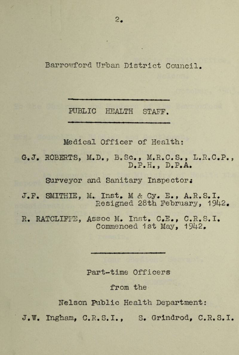 2 Barrowford Uroan District Council. PUBLIC HEALTH STAFF. Medical Officer of Health: G*.U. HOBHRTS; M.D.^ B.Sc.^ M.R.C.S.^ L.H.C.P.^ D.P.H.} D.P.A. Surveyor and Sanitary Inspectori J.P. SMITHIE, M.. Inst. M & Cy. E., A.R.S.I. Resigned 28th February, 1942, R. RATCLIPFE, Assoc M. Inst. C.E., C.R.S.I, Commenced 1st May, 1942, Part-time Officers from the Nelson Public Health Department; J.W. Ingham, C.R.S.I., S, Grindrod, C.R.S.I