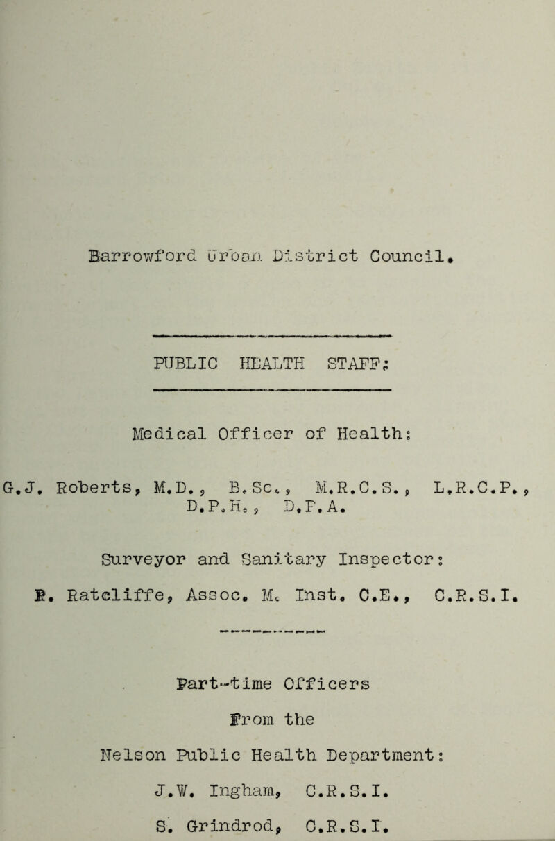 Barrowford Uroan District Council, PUBLIC HEALTH STAFF; Medical Officer of Health: G.J. Roberts, M.D., B.Sc., M.R.C.S., L.R.C.P D.PjHj, D,P,A, Surveyor and Sanitary Inspector: E, Rateliffe, Assoc. Inst. C.E., C.R.S.I Part-time Officers from the Nelson Public Health Department; J.¥. Ingham, C.R.S.I. S. Grindrod, C.R.S.I.