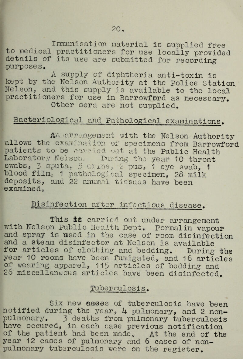 20 Inununisation material is supplied free to medical practitioners for use locally provided details of its use are sulimitted for recording purposes. A supply of diphtheria anti-toxin is kept hy the Nelson Authority at the Police Station Nelson, and this supply is available to the local practitioners for use in Barrowfcrd as necessary. Other sera are not supplied. Bacteriological and Pathological examinations, An, arrangement with the Nelson Authority allows the exatmination of specimens from Barrov/ford patients to he carried out at the Public Health Laboratory Nelson, ]>x; ing the year 10 throat swabs, 3 sputa, 3 urme, 2 pus, 1 eye swab, 1 blood film, 1 pathological specimen, 28 milk deposits, and 22 anumal 'cissaes have been examined. Disinfection after infectious disease, This carried out under arrangement v/ith Nelson Public Health Dept, Formalin vapour and spray is used in the case of room disinfection and a steam disinfector at Nelson is available for articles of clothing and bedding. During the year 10 rooms have been fumigated,- and i6 articles of v/earing apparel, 113 articles of bedding and 2S miscellaneous articles have been disinfected. Tuberculosis. Six new oases of tuberculosis have been notified during the year, 4 pulmonary, and 2 non- pulmonarj'-, 3 deaths from pulmonary tuberculosis have occured, in each case previous notification of the patient had been made. At the end of the year 12 cases of pulmonary rjid 6 cases of non- pulmonary tuberculosis were on the register.