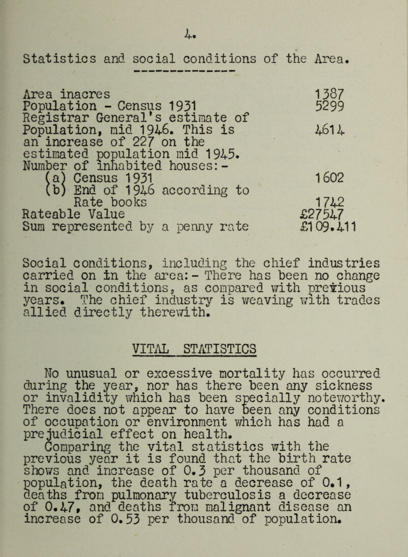 Area inacres 1387 Population - Census 1931 5299 Registrar General’s estimate of Population, mid 1946. This is ASIA an increase of 227 on the estimated population mid 19A5. Number of inhabited houses:- (a) Census 1931 1602 (b) End of 19A6 according to Rate books 17A2 Rateable Value £275A7 Sum represented by a penny rate £109.All Social conditions, including the chief industries carried on in the area:- There has been no change in social conditions, as compared v;ith pretious years. The chief industry is weaving with trades allied directly therewith. VIT.iL STATISTICS No unusual or excessive mortality has occurred during the year, nor has there been any sickness or invalidity which has been specially noteworthy. There does not appear to have been any conditions of occupation or environment v/hich has had a prejudicial effect on health. Comparing the vital statistics with the previous year it is found that the birth rate shows and increase of 0.3 per thousand of population, the death rate a decrease of 0.1, deaths from pulmonary tuberculosis a decrease of 0.A7, and deaths from malignant disease an increase of 0.53 per thousand of population.