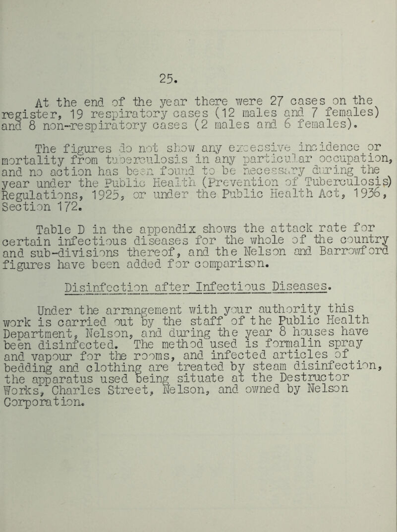 25. At the end of the year there were 27 cases on the register, 19 respiratory cases (12 males and 7 females) and 8 non-respiratory cases (2 males and. 6 females). The figures do not slow any ezcessive incidence or mortality from taberculosis in any na.rticular occupation, “to be necessf.ry daring the (Prevention of Tuberculosis) h 1 n Pi n 1 h r* ’ll . 1 Q . and no action has bee. I ouna year under the Public Health under the Regulations, Section 172. 1925 Table D in the appendix shows the attack rate for certain infectious diseases for the Vi/hole of the country and sub-divisions thereof, and the Nelson and Barrov/ford figures have been added for comparison. Disinfection after Infectious Diseases. Under the arrangement with your authority this work is carried out by the staff of the Public Health Department, Nelson, and during the year 8 houses have been disinfected. The method used is formalin spray and vapour for the rooms, and. infected articles of bedding and clothing are treated, by steam disinfection, the apparatus used being situate at the Destructor Works, Charles Street, Nelson, and. owned by Nelson Corporation.