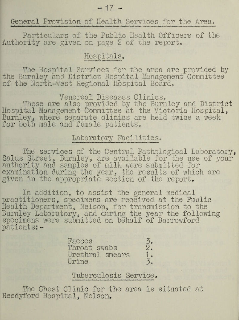 ~ 17  General Provision of Health. Services for the Area» Particulars of the Public Health Officers of the Authority are given on page 2 of che report. Hospitals, The Hospital Services for the area are provided by the Bui’iiley and District Hospital Management Committee of the Horth-jfest Regional Hospital Board, Venereal Diseases Clinics. These are also provided by the Burnley and District Hospital Management Committee at the Victoria Hospital, Burnley, where separate clinics are held twice a week for both male and female patients. Laboratory Facilities. The services of the Central Pathological Laboratory, Solus Street, Burnley, are available for the use of your authority and samples of milk were submitted for examination during the year, the results of which are given in the appropriate section of the report. In addition, to assist the general medical practitioners, specimens are received at the Public Health DepaaHraent, Nelson, for transmission to the Burnley Laboi’otory, and during the year the follov/ing specimens were submitted on behalf of Barrowford patients: - Faeces 3. Throat swabs 2. Urethral smears 1. Urine 3. Tuberculosis Sejcvice. The Chest Clinic for the area is situated at Reedyford Hospital, Nelson.