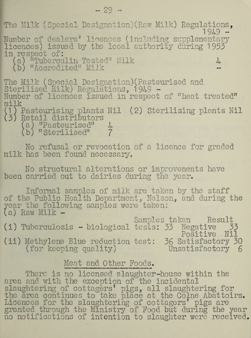 The f Sesoial Designation)(Raw Milk) Regulations, 191-9 - Nurnber of cleale?as* licences (including supplementary licences) issued by the local authority during 1953 in respect of f(qir Tuberculin Tested” Milk Accredited'' Milk I The Milk (Snecial Designation)(Pa3teuris8d and Sterilised Milk) Regulations, 1 91-9 - Number of licences issued in respect of heat treated milk 1) Pasteurising plants Nil (2) Sterilising plants Nil 3) Retail distributors 'a) Pasteurised 1- b) Sterilised 7 No refusal or revocation of a licence for graded milk has been found necessary. No structural alterations or improvements have been carried out to dairies during the year, IrD?omial samples of milk are taken by the staff of the Public Health Department, Nelson, and during the year the following samples v/ere taken: (a) Raw Milk - Samples taken Result (i) Tuberculosis - biological tests: 33 Negative 33 Positive Nil (il) Methylene Blue reduction test: 36 Satisfactory 30 (for keeping quality) Unsatisfactory 6 Meat and Other Poods. There is no licensed slaughter-house within the area and with the exception of the incidental slaughtering of cottagers' pigs, all slaughtering for the aioea continues to take place at the Colne Abattoirs. Licences for the slaughtering of cottagers' pigs are granted thi’ough the Ministry of Pood but during the year no notifications of intention to slaughter were received.