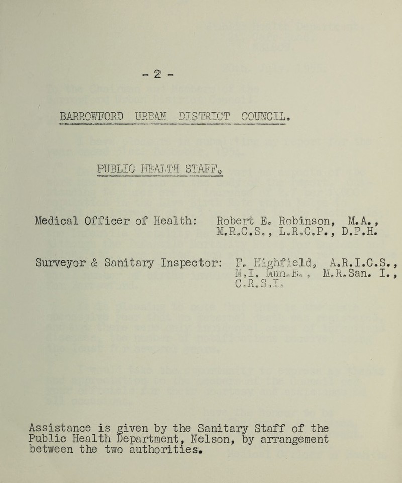 BAPROWFORD URBARI RTSBRIOT COMCIL. PIJBLIG HI:AT.Tq STAFF^ Medical Officer of Health: Robert Ec Robinson, M.A., M.R.C.S,, L.RoC.P., D.P.H. Surveyor & Sanitary Inspector: F,. Highfield, A.R.I.C.S kirulU , M,R.San. I CHR.S.Iv. Assistance is given by the Sanitary Staff of the Public Health Department, Nelson, by arrangement between the two authorities.