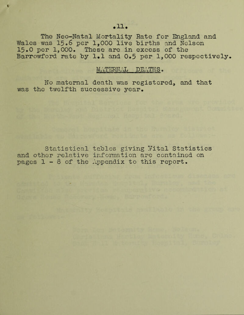 \ The Neo-Natal Mortality Rate for England and V7ales was 15<.6 per 1,000 live births and Nelson 15oO per 1,000. These are in excess of the Barrowford rate by 1.1 and 0.5 per 1,000 respectively. MATERIT/iL DEATHS. No maternal death v/as registered, and that was the twelfth successive year. Statistical tables giving ^ital Statistics and other relative information are contained on pages 1 - 8 of the Appendix to this report.