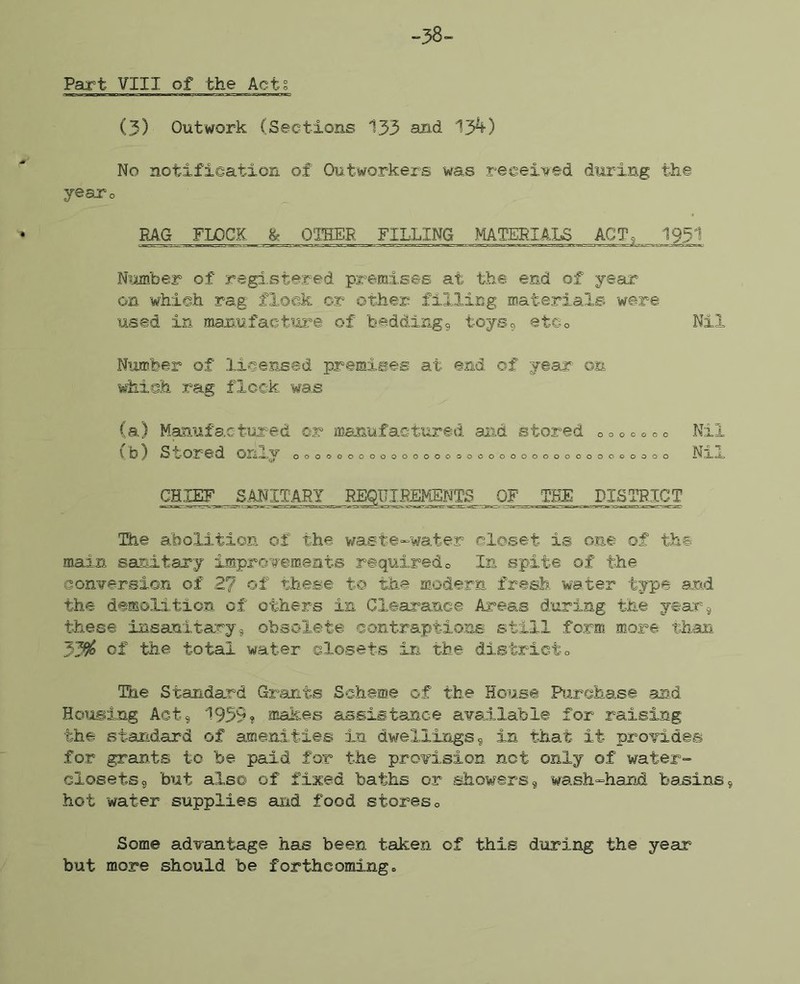 Part VIII of the Acts -.38- (3) Outwork (Sections 133 and 13^) No notification of Outworkers was recei-^fed during the yeaxo RAG FLOCK & OTHER FILLING MAMIALS ACT, 1951 Niimber of regi.stered premises at the end of year on which rag flock or other filling materials were used in manufacture of beddings toys9 etCo Nil Number of licensed premises at end of 7/e.ar on which rag flock was (a) Manufactured or manufactured and stored o o o c o (b) Stored only ooooooooooooooooooooooooooooooooooo Nil Nil CH.IEF SANITARY REQUIREMENTS OF THE DISTRICT The abolition of the v/aste-water closet is one of the main sanitary improTements requiredo In spite of the conversion of 27 of these t© the modern fresh water type and the demolition of others in Clearance Areas during the year 9 these insanitary, obsolete contraptio,ne still form more than 33^ of the total water closets in the districto The Standard Grants Scheme of the House Purchase and Housing Act, 1959? makes assistance available for raising the standard of amenities in dwellings, in that it provides for grants to be paid for the provision not only of water- closets, but also of fixed baths or showers, wash-hand basins, hot water supplies and food storeso Some advantage has been taken of this during the year but more should be forthcoming.