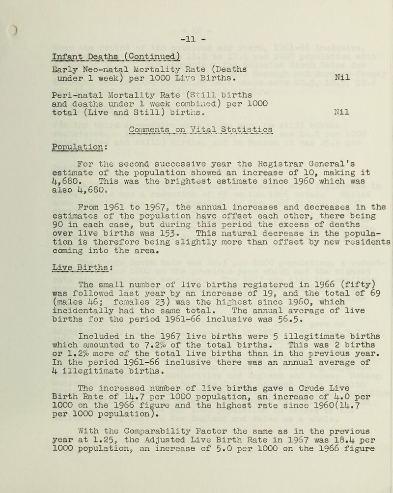 -11 Infant Deaths (Continued) Early Neo-natal Mortality Rate (Deaths under 1 vi^eek) per 1000 Live Births. Nil Peri-natal Mortality Rate (Still births and deaths under 1 week combined) per 1000 total (Live and Still) births. Nil Comments on Vita,l. Statisti c_3 For the second successive year the Registrar General's estimate of the population showed an increase of 10, making it 4,680. This was the brightest estimate since I960 which was also 4,680o From 1961 to 1967? the annual increases and decreases in the estimates of the population have offset each other, there being 90 in each case, but during this period the excess of deaths over live births v/as 153• This natural decrease in the popula- tion is therefore being slightly more than offset by new residents coming into the area* Live Births; The small number of live births registered in I966 (fifty) was followed last year by an increase of 19, and the total of 69 (males 46; females 23) was the highest since i960, which incidentally had the same total. The annual average of live births for the period I96I-66 inclusive was 56*5* Included in the 196? live births were 5 illegitimate births which amounted to 1,2% of the total births. This was 2 births or 1,2% more of the total live births than in the previous year. In the period 196I-66 inclusive there was an annual average of 4 illegitimate births. The increased number of live births gave a Crude Live Birth Rate of 14.7 per 1000 population, an increase of 4.0 per 1000 on the 1966 figure and the highest rate since 1960(14.7 per 1000 population). With the Comparability Factor the same as in the previous year at 1.25, the Adjusted Live Birth Rate in 1967 was 18.4 per 1000 population, an increase of 5.O per 1000 on the I966 figure