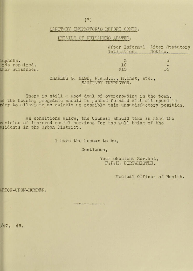 DETAILS OE I'lUISANCES ABATED. After Infornal After >Btatutory Intiraation. Notice. aiipncss. 3 5 3rds repaired. 10 ther nuisances. 215 14 CH/.RLES G. ELSE, P.A.S.I., M.Inst, etc., S/ITITARY INSPECTOR. There is still a. j^ood deal of overcrowding-; in tho town, nd the housing prograrafiie should bo pushed forv^ard with all speed in rder to alleviate as quickly as possible this unsatisfactory position. As conditions allov;, the Council should take in hand tho revision of improved social services for the v/oll being of tho esidents in tho Urban District, I have the honour to be, Gontlcnen, Your obedient Servant, F.P.H. DIRTV/HISTLE, Medical Officer of Health. ilRT0N-UP0N-HUl.iBER.