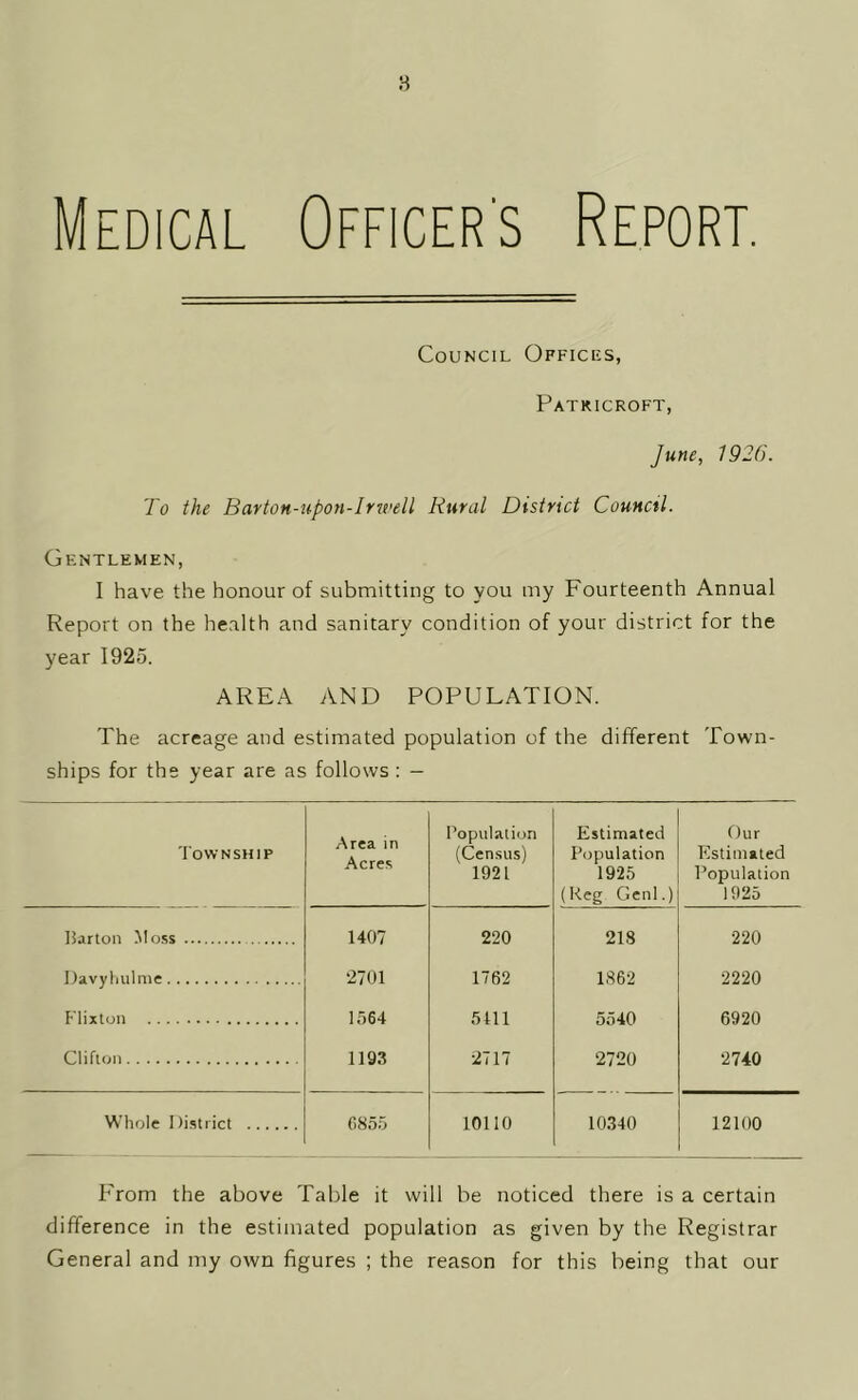 8 Medical Officer's Report. Council Offices, Patricroft, June, 1926. To the Barton-upon-Irwell Rural District Council. Gentlemen, I have the honour of submitting to you my Fourteenth Annual Report on the health and sanitary condition of your district for the year 1925. AREA AND POPULATION. The acreage and estimated population of the different Town- ships for the year are as follows : — Township Area in Acres Population (Census) 1921 Estimated Population 1925 (Keg Gcnl.) Our Estimated Population 1925 Barton Mo.ss 1407 220 218 220 Davyliulme 2701 1762 1862 2220 Fiixton 1564 5111 5540 6920 Clifton 1193 2717 2720 2740 Whole Di.strict f.855 10110 10340 12100 From the above Table it will be noticed there is a certain difference in the estimated population as given by the Registrar General and my own figures ; the reason for this being that our