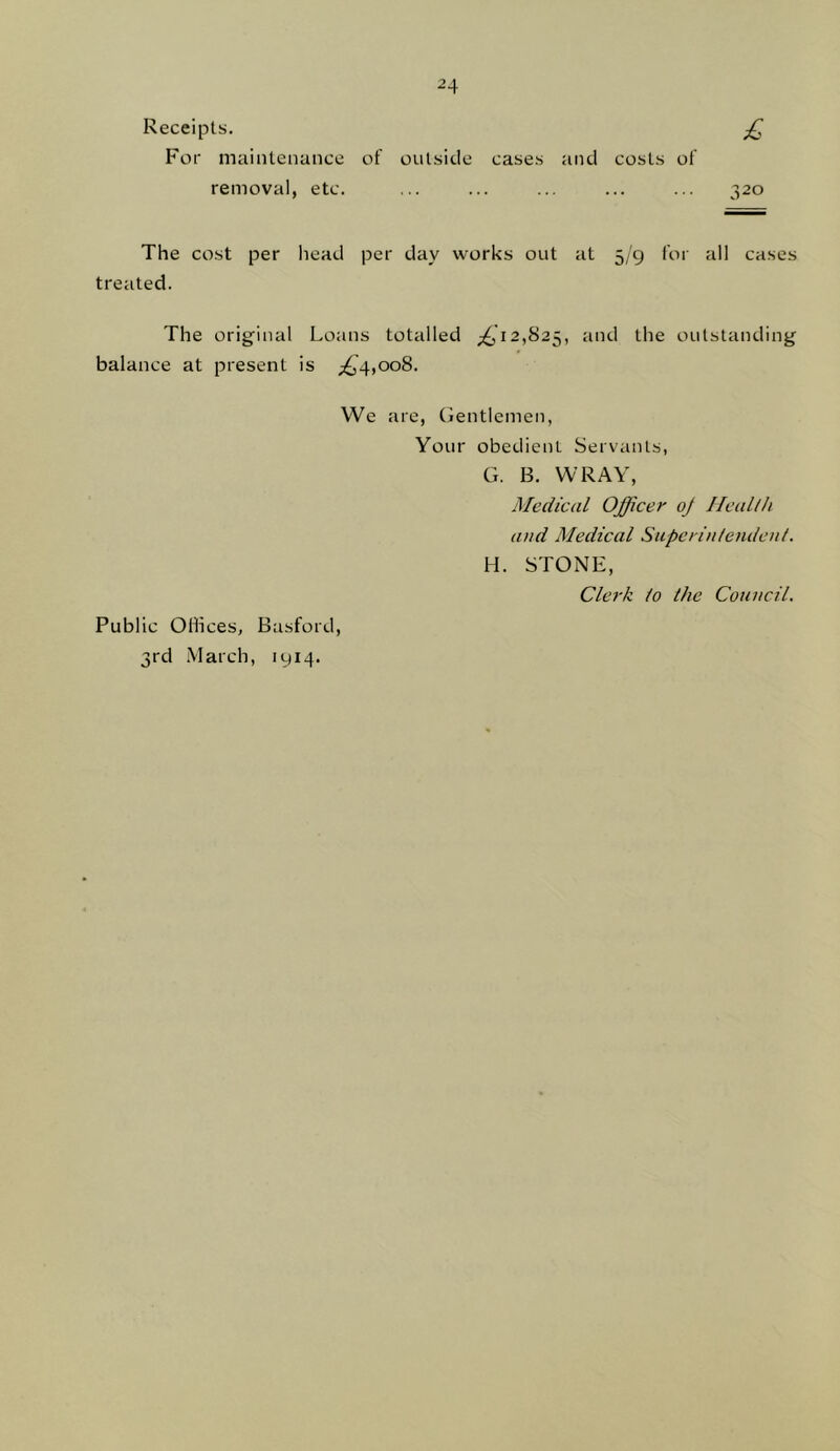 ^4 Receipts. £ For maintenance of outside cases and costs of removal, etc. 320 The cost per head treated. per day works out at 5/9 for all cases The original Loans totalled _;^’i2,825, onlstanding balance at present is ;^'4,oo8. We are, Gentlemen, Public Offices, Basford, 3rd March, 1914. Your obedient Servants, G. B. WRAY, Medical Officer oj Heallh and Medical Supcrinlendenl. H. STONE, Clerk lo the Council.