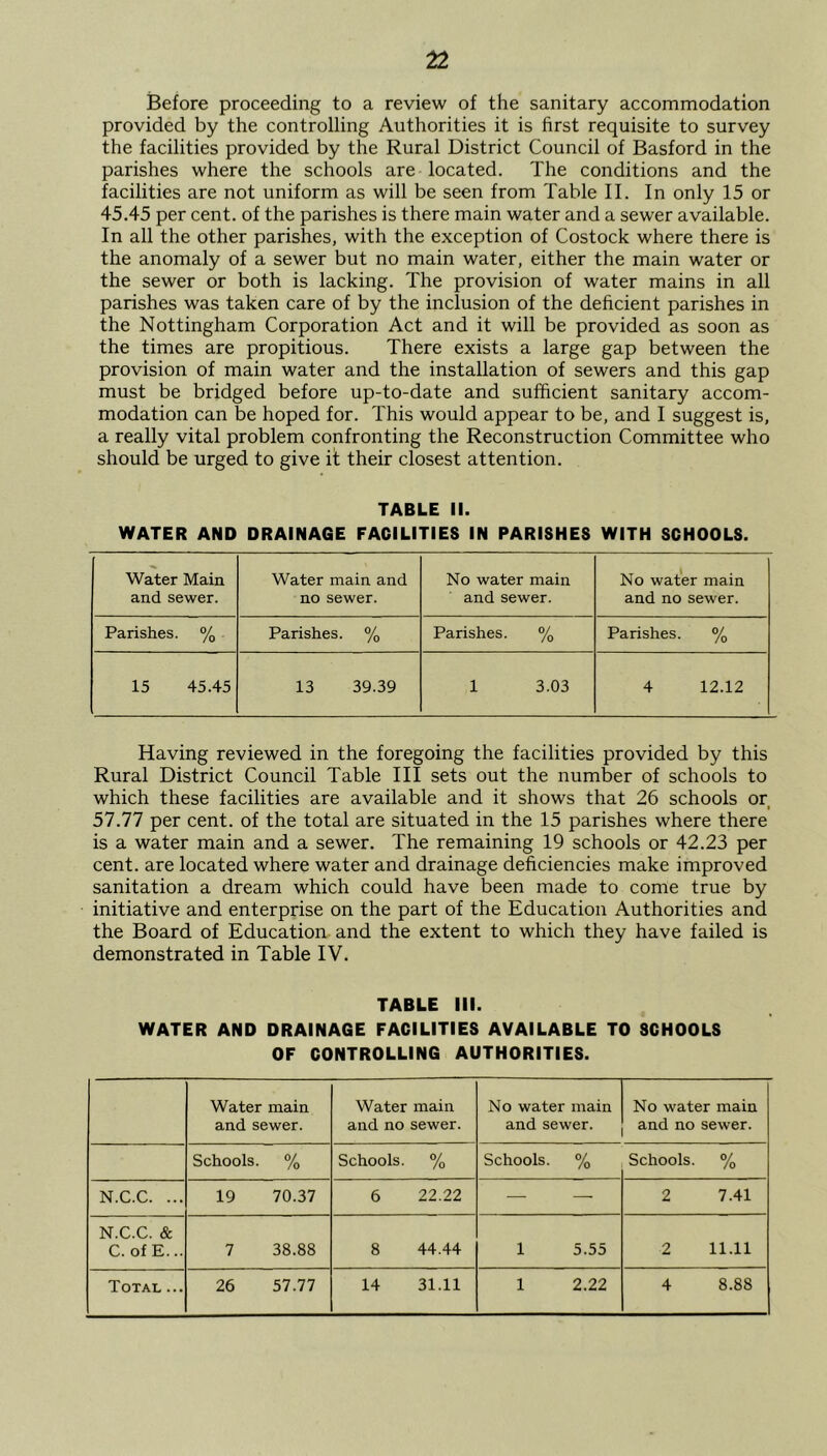 Before proceeding to a review of the sanitary accommodation provided by the controlling Authorities it is first requisite to survey the facilities provided by the Rural District Council of Basford in the parishes where the schools are located. The conditions and the facilities are not uniform as will be seen from Table II. In only 15 or 45.45 per cent, of the parishes is there main water and a sewer available. In all the other parishes, with the exception of Costock where there is the anomaly of a sewer but no main water, either the main water or the sewer or both is lacking. The provision of water mains in all parishes was taken care of by the inclusion of the deficient parishes in the Nottingham Corporation Act and it will be provided as soon as the times are propitious. There exists a large gap between the provision of main water and the installation of sewers and this gap must be bridged before up-to-date and sufficient sanitary accom- modation can be hoped for. This would appear to be, and I suggest is, a really vital problem confronting the Reconstruction Committee who should be urged to give it their closest attention. TABLE II. WATER AND DRAINAGE FACILITIES IN PARISHES WITH SCHOOLS. Water Main and sewer. Water main and no sewer. No water main and sewer. No water main and no sewer. Parishes. % Parishes. % Parishes. % Parishes. % 15 45.45 13 39.39 1 3.03 4 12.12 Having reviewed in the foregoing the facilities provided by this Rural District Council Table III sets out the number of schools to which these facilities are available and it shows that 26 schools or i 57.77 per cent, of the total are situated in the 15 parishes where there is a water main and a sewer. The remaining 19 schools or 42.23 per cent, are located where water and drainage deficiencies make improved sanitation a dream which could have been made to come true by initiative and enterprise on the part of the Education Authorities and the Board of Education and the extent to which they have failed is demonstrated in Table IV. TABLE III. WATER AND DRAINAGE FACILITIES AVAILABLE TO SCHOOLS OF CONTROLLING AUTHORITIES. Water main and sewer. Water main and no sewer. No water main and sewer. No water main and no sewer. Schools. % Schools. % Schools. % Schools. % N.C.C. ... 19 70.37 6 22.22 — —• 2 7.41 N.C.C. & C. of E... 7 38.88 8 44.44 1 5.55 2 11.11