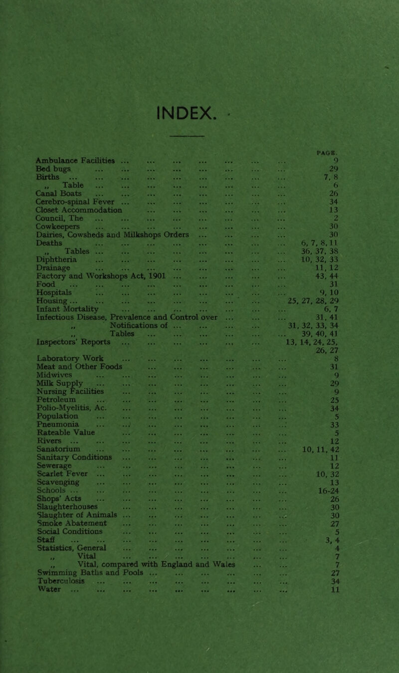 INDEX Ambulance Facilities ... Bedbugs Births „ Table Canal Boats Cerebro-spinal Fever ... Closet Accommodation Council, The Cowkeepers Dairies, Cowsheds and Milkshops Orders Deaths „ Tables Diphtheria Drainage Factory and Workshops Act, 1901 ... Food Hospitals Housing... Infant Mortality Infectious Disease, Prevalence and Control over ... „ Notifications of ... ,, Tables Inspectors’ Reports Laboratory Work Meat and Other Foods Midwives Milk Supply Nursing Facilities Petroleum Polio-Myelitis, Ac. Population Pneumonia Rateable Value Rivers ... Sanatorium Sanitary Conditions Sewerage Scarlet Fever ... Scavenging Schools ... Shops’ Acts Slaughterhouses Slaughter of Animals ... Smoke Abatement Social Conditions Staff Statistics, General „ Vital „ Vital, compared with England and Wales Swimming Baths and Pools Tuberculosis PAGB. 9 29 7, 8 6 26 34 13 2 30 30 6,7,8,11 36, 37, 38 10,32,33 11, 12 43, 44 31 9,10 25, 27. 28, 29 6. 7 31,41 31, 32, 33, 34 39.40.41 13, 14. 24, 25, 26, 27 8 31 9 29 9 25 34 5 33 5 12 10.11.42 11 12 10, 32 13 16-24 26 30 30 27 5 3,4 4 7 7 27 34