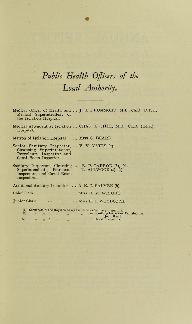 Public Health Officers Local Authority. of the Medical Officer of Health and ... J. S. DRUMMOND, M.B., Ch.B., D.P.H. Medical Superintendent of ' the Isolation Hospital. Medical Attendant at Isolation ... CHAS. E. HILL, M.B., Ch.B. (Edin.). Hospital. Matron of Isolation Hospital ... Miss C. BEARD. Senior Sanitary Inspector, ... V. V. YATES [a). Cleansing Superintendent, Petroleum Inspector and Canal Boats Inspector. Sanitary Inspectors, Cleansing ... B. P. GARROD (6), (c). Superintendents, Petroleum T. ALLWOOD Ip), (c) Inspectors, and Canal Boats Inspectors. Additional Sanitary Inspector ... A. E. C. PALMER (fa). Chief Clerk Miss B. M. WRIGHT Junior Clerk Miss H. J. WOODCOCK (a) Certificate of the Royal Sanitary Institute for Sanitary Inspectors. W) „ „ „ „ „ „ and Sanitary Inspectors Examination Joint Board. IP pp pi ,p „ p, for Meat Inspectors.