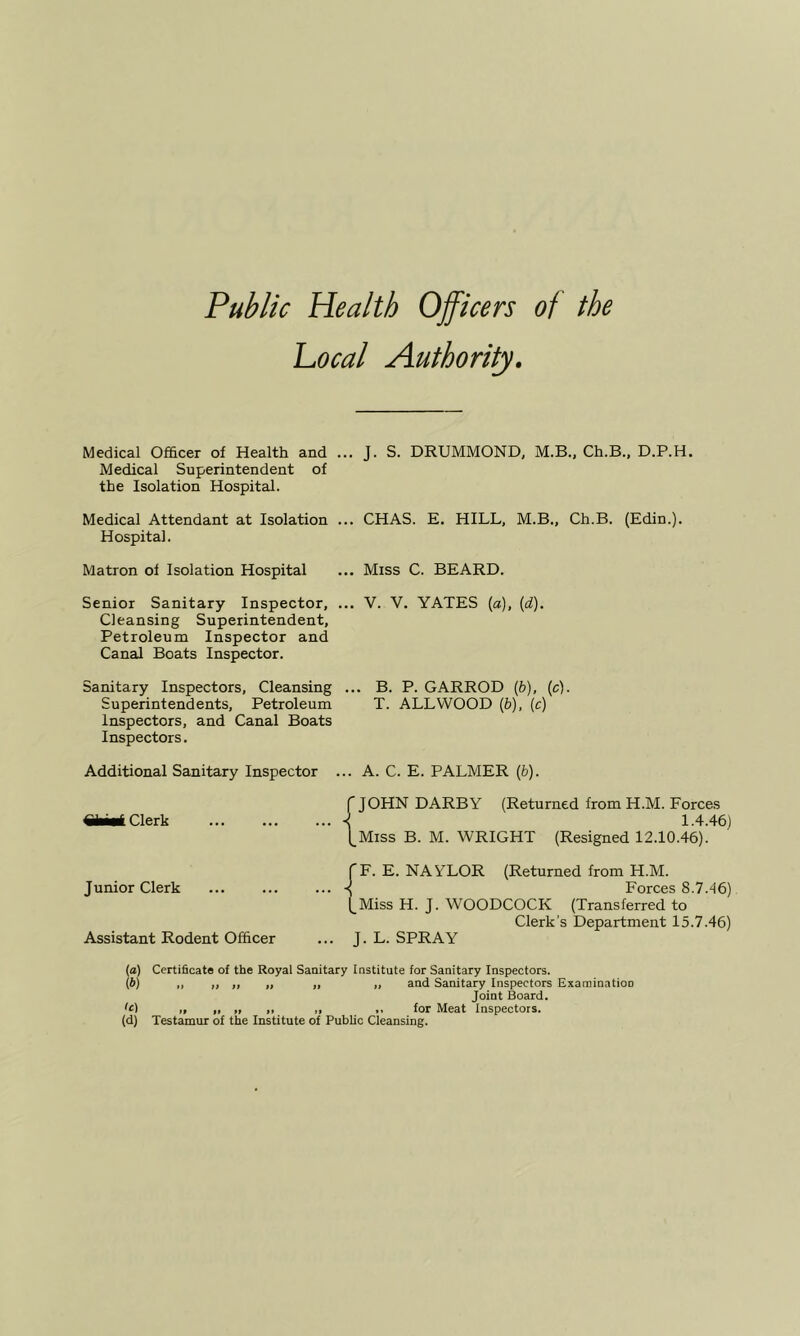 Local Authority, Medical Officer of Health and ... J. S. DRUMMOND, M.B., Ch.B., D.P.H. Medical Superintendent of the Isolation Hospital. Medical Attendant at Isolation ... CHAS. E. HILL, M.B., Ch.B. (Edin.). Hospital. Matron of Isolation Hospital ... Miss C. BEARD. Senior Sanitary Inspector, ... V. V. YATES {a), (d). Cleansing Superintendent, Petroleum Inspector and Canal Boats Inspector. Sanitary Inspectors, Cleansing ... B. P. GARROD (&), (c). Superintendents, Petroleum T. ALL WOOD (b), (c) Inspectors, and Canal Boats Inspectors. Additional Sanitary Inspector ... A. C. E. PALMER (b). f JOHN DARBY (Returned from H.M. Forces Clerk ■{ 1.4.46) l^Miss B. M. WRIGHT (Resigned 12.10.46). TF. E. NAYLOR (Returned from H.M. Junior Clerk ... Forces 8.7.46) l^Miss H. J. WOODCOCK (Transferred to Clerk's Department 15.7.46) Assistant Rodent Officer ... J. L. SPRAY (а) Certificate of the Royal Sanitary Institute for Sanitary Inspectors. (б) ,, „ ,, „ „ „ and Sanitary Inspectors Examination Joint Board. Ic) „ „ „ ,, ,, ,, for Meat Inspectors. (d) Testamur of the Institute of Public Cleansing.