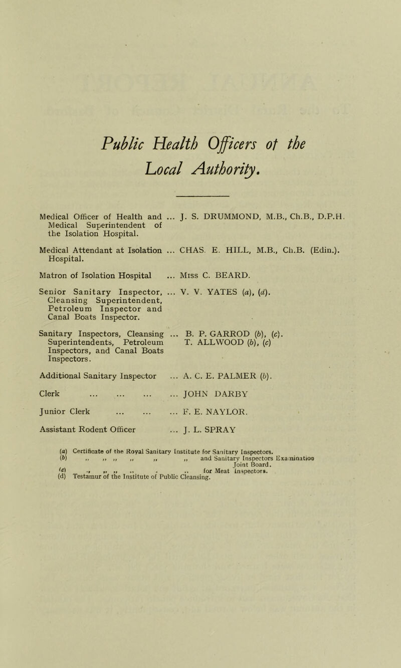 Local Authority, Medical Officer of Health and . Medical Superintendent of the Isolation Hospital. .. J. S. DRUMMOND, M.B., Ch.B., D.P.H Medical Attendant at Isolation . Hospital. .. CHAS. E. HILL, M.B., Ch.B. (Edin.). Matron of Isolation Hospital .. Miss C. BEARD. Senior Sanitary Inspector, . Cleansing Superintendent, Petroleum Inspector and Canal Boats Inspector. .. V. V. YATES (a), (cl). Sanitary Inspectors, Cleansing Superintendents, Petroleum Inspectors, and Canal Boats Inspectors. ... B. P. GARROD (b), (c). T. ALL WOOD (b), (c) Additional Sanitary Inspector ... A. C. E. PALMER (b). Clerk ... JOHN DARBY Junior Clerk ... F. E. NAYLOR. Assistant Rodent Officer ... J. L. SPRAY (а) Certificate of the Royal Sanitary Institute for Sanitary Inspectors. (б) ,, ,, „ „ and Sanitary Inspectors Exaininatioo Joint Board. ■» . .. for Meat Inspectors. (d) Testamur of the Institute of Public Cleansing.