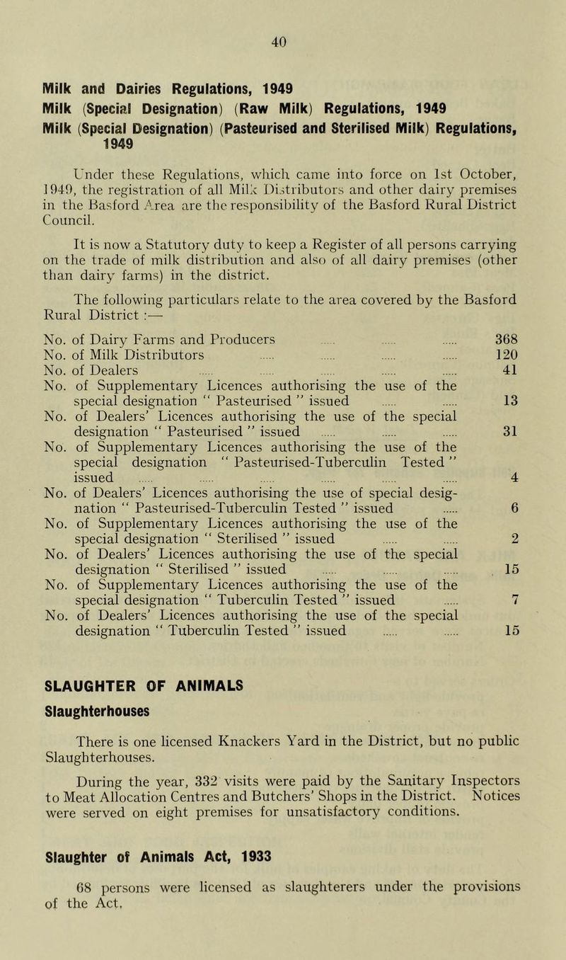 Milk and Dairies Regulations, 1949 Milk (Special Designation) (Raw Milk) Regulations, 1949 Milk (Special Designation) (Pasteurised and Sterilised Milk) Regulations, 1949 Under these Regulations, which came into force on 1st October, 1949, the registration of all Milk Distributors and other dairy premises in the Basford Area are the responsibility of the Basford Rural District Council. It is now a Statutory duty to keep a Register of all persons carrying on the trade of milk distribution and also of all dairy premises (other than dairy farms) in the district. The following particulars relate to the area covered by the Basford Rural District :— No. of Dairy Farms and Producers 368 No. of Milk Distributors 120 No. of Dealers 41 No. of Supplementary Licences authorising the use of the special designation “ Pasteurised ” issued 13 No. of Dealers’ Licences authorising the use of the special designation “ Pasteurised ” issued 31 No. of Supplementary Licences authorising the use of the special designation “ Pasteurised-Tuberculin Tested ” issued 4 No. of Dealers’ Licences authorising the use of special desig- nation “ Pasteurised-Tuberculin Tested ” issued 6 No. of Supplementary Licences authorising the use of the special designation Sterilised ” issued 2 No. of Dealers’ Licences authorising the use of the special designation “ Sterilised ” issued 15 No. of Supplementary Licences authorising the use of the special designation “ Tuberculin Tested ” issued 7 No. of Dealers’ Licences authorising the use of the special designation “ Tuberculin Tested ” issued 15 SLAUGHTER OF ANIMALS Slaughterhouses There is one licensed Knackers Yard in the District, but no public Slaughterhouses. During the year, 332 visits were paid by the Sanitary Inspectors to Meat Allocation Centres and Butchers’ Shops in the District. Notices were served on eight premises for unsatisfactory conditions. Slaughter of Animals Act, 1933 68 persons were licensed as slaughterers under the provisions of the Act.