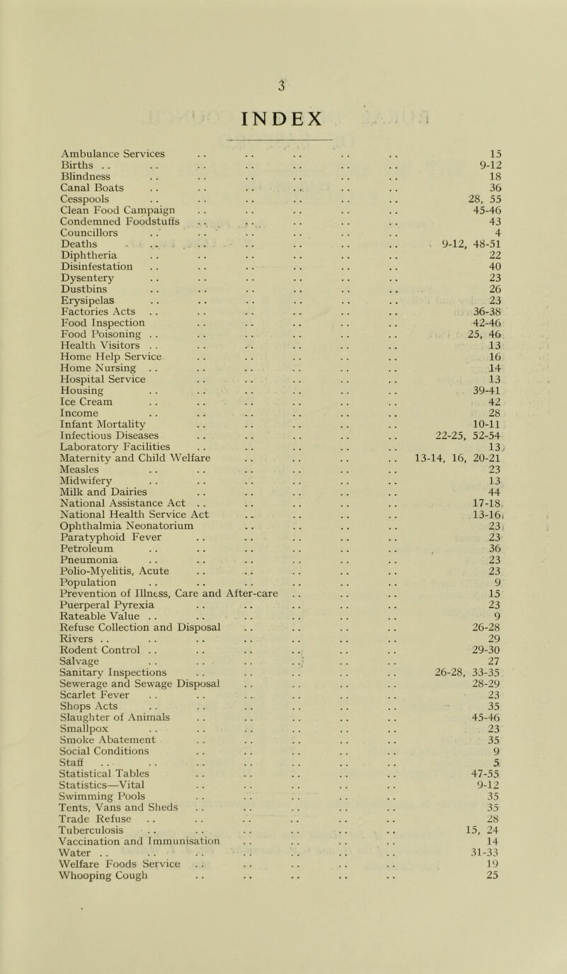 INDEX ; Ambulance Services . . . . . . . . .. 15 Births . . . . . . .. . . . . . . 9-12 Blindness . . . . .. . . .. . . 18 Canal Boats . . .. .. .. .. .. 36 Cesspools . . . . . . . . . . .. 28, 55 Clean Food Campaign . . .. . . .. . . 45-46 Condemned Foodstufts .. .. •• •• 43 Councillors . . . . . . . . . . . . 4 Deaths ...... . . . . . . . . 9-12, 48-51 Diphtheria . . .. . . . . . . . . 22 Disinfestation . . . . . . . . . . .. 40 Dysentery . . . . . . .. . . .. 23 Dustbins . . . . . . .. .. . . 26 Erysipelas . . .. . . . . . . .. 23 Factories Acts . . . . . . .. . . .. 36-38 Food Inspection . . . . . . . . .. 42-46 Food Poisoning . . . . . . . . . . . . 25, 46 Health Visitors . . . . . . . . . . . . 13 Home Help Service . . . . . . . . . . 16 Home Nursing . . . . . . . . . . . . 14 Hospital Service . . .. . . . . . . 13 Housing . . . . . . . . . . . . 39-41 Ice Cream . . .. . . . . . . . . 42 Income . . . . . . . . . . . . 28 Infant Mortality . . . . . . . . . . 10-11 Infectious Diseases .. . . .. . . . . 22-25, 52-54 Laboratory Facilities . . . . . . .. . . 13, Maternity and Child Welfare .. . . . . . . 13-14, 16, 20-21 Measles . . . . . . .. . . . . 23 Midwifery . . . . . . . . .. .. 13 Milk and Dairies . . .. . . . . .. 44 National Assistance Act .. .. .. .. .. 17-18 National Health Service Act .. . . . . . . 13-16i Ophthalmia Neonatorium . . . . . . . . 23 Paratyphoid Fever . . .. . . . . . . 23 Petroleum . . . . . . . . . . . . 36 Pneumonia . . . . . . . . . . . . 23 Polio-Myelitis, Acute . . .. . . . . . . 23 Population . . . . . . . . . . . . 9 Prevention of Illness, Care and After-care . . . . . . 15 Puerperal Pyrexia . . .. .. . . . . 23 Rateable Value . . .. . . . . . . . . 9 Refuse Collection and Disposal .. . . . . . . 26-28 Rivers . . . . . . . . .. . . . . 29 Rodent Control . . . . . . . . . . . . 29-30 Salvage . . . . . . . . • . . .. 27 Sanitary Inspections . . . . . . . . .. 26-28, 33-35 Sewerage and Sewage Disposal . . . . . . . . 28-29 Scarlet Fever . . . . . . . . . . . . 23 Shops Acts . . . . . . . . . . . . 35 Slaughter of Animals . . . . . . . . . . 45-46 Smallpox . . . . . . . . . . . . 23 Smoke Abatement . . . . . . . . . . 35 Social Conditions . . . . . . . . . . 9 Staff . . .. . . . . . . . . . . 5 Statistical Tables . . . . . . . . . . 47-55 Statistics—Vital . . . . . . . . . . 9-12 Swimming Pools . . . . . . . . . . 35 Tents, Vans and Sheds . . . . . . . . . . 35 Trade Refuse . . . . . . . . . . . . 28 Tuberculosis .. . . . . . . . . .. 15, 24 Vaccination and Immunisation . . . . . . . . 14 Water . . . . . . . . . . . . . . 31-33 Welfare Foods Service .. .. .. .. .. 19 Whooping Cough .. . . .. . . . . 25