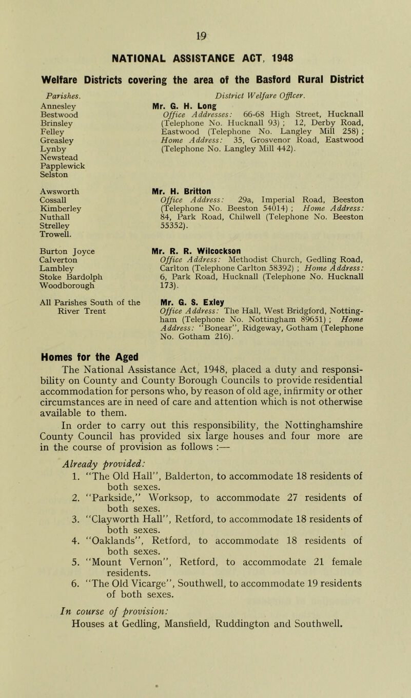 NATIONAL ASSISTANCE ACT, 1948 Welfare Districts covering the area of the Basford Rural District Parishes. Annesley Bestwood Brinsley Felley Greasley Lynby Newstead Papplewick Selston District Welfare Officer. Mr. G. H. Long Office Addresses: 66-68 High Street, Hucknall (Telephone No. Hucknall 93) ; 12, Derby Road, Eastwood (Telephone No. Langley Mill 258) ; Home Address: 35, Grosvenor Road, Eastwood (Telephone No. Langley Mill 442). Awsworth Cossall Kimberley Nuthall Strelley Trowell. Mr. H. Britton Office Address: 29a, Imperial Road, Beeston (Telephone No. Beeston 54014) ; Home Address: 84, Park Road, Chilwell (Telephone No. Beeston 55352). Burton Joyce Calverton Lambley Stoke Bardolph Woodborough Mr. R. R. Wilcockson Office Address: Methodist Church, Gedling Road, Carlton (Telephone Carlton 58392) ; Home Address: 6, Park Road, Hucknall (Telephone No. HucknaU 173). All Parishes South of the Mr. G. S. Exioy River Trent Office Address: The Hall, West Bridgford, Notting- ham (Telephone No. Nottingham 89651) ; Home Address: “Bonear”, Ridgeway, Gotham (Telephone No. Gotham 216). Homes for the Aged The National Assistance Act, 1948, placed a duty and responsi- bility on County and County Borough Councils to provide residential accommodation for persons who, by reason of old age, infirmity or other circumstances are in need of care and attention which is not otherwise available to them. In order to carry out this responsibility, the Nottinghamshire County Council has provided six large houses and four more are in the course of provision as follows :— Already provided: 1. “The Old Hall’’, Balderton, to accommodate 18 residents of both sexes. 2. “Parkside,” Worksop, to accommodate 27 residents of both sexes. 3. “Clayworth Hall’’, Retford, to accommodate 18 residents of both sexes. 4. “Oaklands”, Retford, to accommodate 18 residents of both sexes. 5. “Mount Vernon’’, Retford, to accommodate 21 female residents. 6. “The Old Vicarge’’, Southwell, to accommodate 19 residents of both sexes. In course of provision: Houses at Gedling, Mansheld, Ruddington and Southwell.