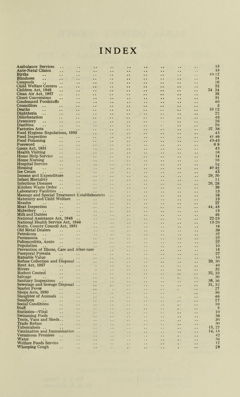 INDEX Ambulance Services Ante-Natal Clinics Births Blindness Cesspools Child Welfare Centres .. Children Act, 1948 Clean Air Act, 1957 Closet Conversions Condemned Foodstuffs Councillors Deaths Diphtheria Disinfestation Dysentery Dustbins Factories Acts Food Hygiene Regulations, 1955 Food Inspection Food Poisoning Foreword Game Act, 1831 Health Visiting Home Help Service Home Nursing Hospital Service Housing Ice Cream Income and Expenditure Infant Mortality Infectious Diseases Kitchen Waste Order . . Laboratory Facilities .. Massage and Special Treatment Establishments Maternity and Child Welfare Measles Meat Inspection Midwifery MUk and Dairies National Assistance Act, 1948 .. National Health Service Act, 1946 Notts, County Council Act, 1951 Old Metal Dealers Petroleum Pneumonia Poliomyelitis, Acute Population Prevention of Illness, Care and .\fter-care Puerperal Pyrexia Rateable Value Refuse Collection and Disposal .. Rent Act, 1957 Rivers Rodent Control Salvage Sanitary Inspections Sewerage and Sewage Disposal . . Scarlet Fever Shops Acts, 1950 Slaughter of Animals .. SmaUpox Social Conditions Staff Statistics—Vital Swimming Pools Tents, Vans and Sheds.. Trade Refuse Tuberculosis .. Vaccination and Immunisation , . Verminous Premises Water Welfare Foods Service Whooping Cough 15 19 10-12 24 36 22 24 24 35 31 40 3 10 12 22 48 26 26 37, 38 45 41 49 43-43 6 9 43 16 14 16 le 40 43 29, 30 11 26, 28 39 13 18 13 27 44, 45 13 46 22-23 13-20 18 39 37 27 27 10 15 27 10 29, 30 40 32 32. 33 30 35, 36 31, 32 27 36 46 27 10 5 10 36 36 30 15, 27 14. 1.5 42 34 17 28