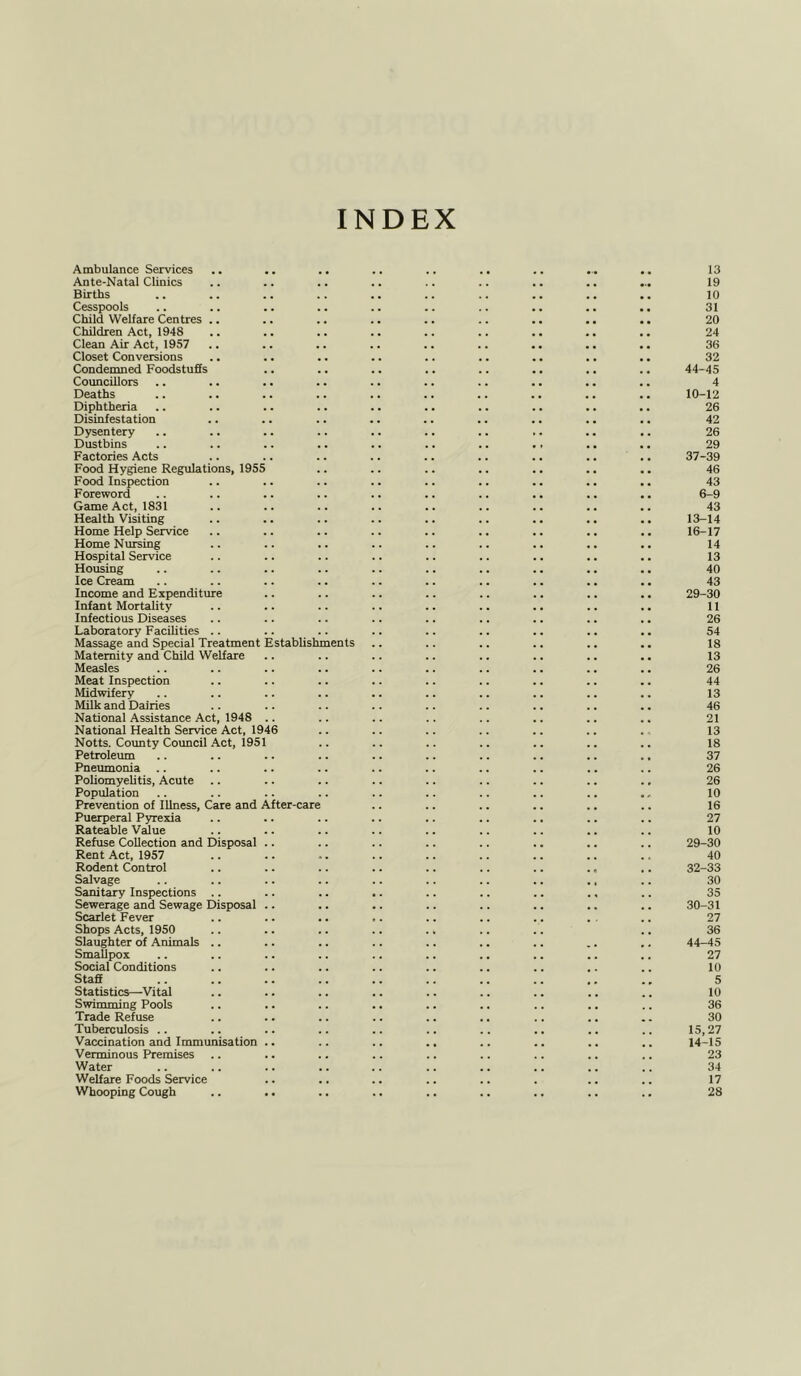 INDEX Ambulance Services 13 Ante-Natal Clinics 19 Births 10 Cesspools 31 Child Welfare Centres .. 20 Children Act, 1948 24 Clean Air Act, 1957 36 Closet Conversions 32 Condemned Foodstuffs 44-45 Councillors 4 Deaths 10-12 Diphtheria 26 Disinfestation 42 Dysentery 26 Dustbins 29 Factories Acts 37-39 Food Hygiene Regulations, 1955 46 Food Inspection 43 Foreword 6-9 Game Act, 1831 43 Health Visiting 13-14 Home Help Service 16-17 Home Nursing 14 Hospital Service 13 Housing 40 Ice Cream 43 Income and Expenditure 29-30 Infant Mortality 11 Infectious Diseases 26 Laboratory Facilities .. 54 Massage and Special Treatment Establishments 18 Maternity and Child Welfare 13 Measles 26 Meat Inspection 44 Midwifery 13 MUk and Dairies 46 National Assistance Act, 1948 .. 21 National Health Service Act, 1946 13 Notts. County Council Act, 1951 18 Petroleum 37 Pneumonia .. 26 Poliomyelitis, Acute 26 Population • o 10 Prevention of Illness, Care and After-care 16 Puerperal Pyrexia 27 Rateable Vsdue 10 Refuse Collection and Disposal .. 29-30 Rent Act, 1957 40 Rodent Control 32-33 Salvage 30 Sanitary Inspections .. 35 Sewerage and Sewage Disposal .. 30-31 Scarlet Fever 27 Shops Acts, 1950 36 Slaughter of Animals .. 44-45 SmaUpox 27 Social Conditions 10 Staff 5 Statistics—Vital 10 Swimming Pools 36 Trade Refuse 30 Tuberculosis .. 15,27 Vaccination and Immunisation .. 14-15 Verminous Premises 23 Water 34 Welfare Foods Service 17 Whooping Cough . . 28