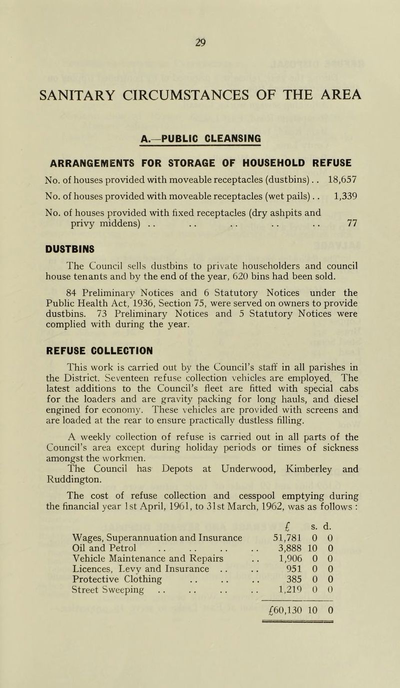 SANITARY CIRCUMSTANCES OF THE AREA A.—PUBLIC CLEANSING ARRANGEMENTS FOR STORAGE OF HOUSEHOLD REFUSE No. of houses provided with moveable receptacles (dustbins).. 18,657 No. of houses provided with moveable receptacles (wet pails).. 1,339 No. of houses provided with fixed receptacles (dry ashpits and privy middens) .. .. .. .. .. 77 DUSTBINS The Council sells dustbins to private householders and council house tenants and by the end of the year, 620 bins had been sold. 84 Preliminary Notices and 6 Statutory Notices under the Public Health Act, 1936, Section 75, were served on owners to provide dustbins. 73 Preliminary Notices and 5 Statutory Notices were complied with during the year. REFUSE COLLECTION This work is carried out by the Council’s staff in all parishes in the District. Seventeen refuse collection vehicles are employed. The latest additions to the Council’s fleet are fitted with special cabs for the loaders and are gravity packing for long hauls, and diesel engined for economy. These vehicles are provided with screens and are loaded at the rear to ensure practically dustless filling. A weekly collection of refuse is earned out in all parts of the Council’s area except during holiday periods or times of sickness amongst the workmen. The Council has Depots at Underwood, Kimberley and Ruddington. The cost of refuse collection and cesspool emptying during the financial year 1st April, 1961, to 31st March, 1962, was as follows : £ s. d. Wages, Superannuation and Insurance 51,781 0 0 Oil and Petrol 3,888 10 0 Vehicle Maintenance and Repairs 1,906 0 0 Licences, Levy and Insurance 951 0 0 Protective Clothing 385 0 0 Street Sweeping 1,219 0 0 £60,130 10 0