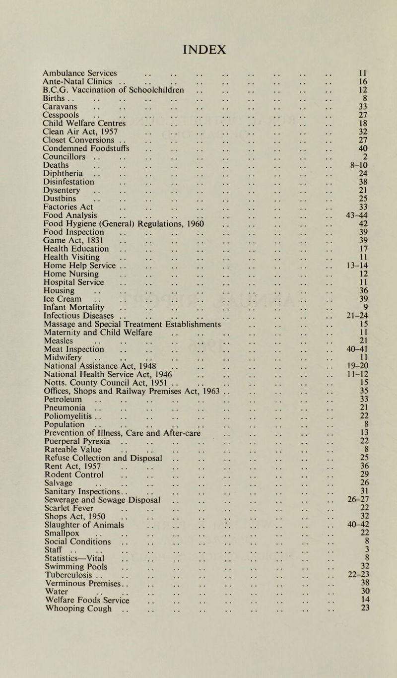 INDEX Ambulance Services .. .. .. .. .. .. .. .. 11 Ante-Natal Clinics .. .. .. .. .. .. .. .. .. 16 B.C.G. Vaccination of Schoolchildren .. .. .. .. .. .. 12 Births .. .. .. .. .. .. .. .. .. .. .. 8 Caravans .. .. .. .. .. .. .. .. .. .. 33 Cesspools .. .. .. .. .. .. .. .. .. .. 27 Child Welfare Centres .. .. .. .. .. .. .. .. 18 Clean Air Act, 1957 .. .. .. .. .. .. .. .. 32 Closet Conversions .. .. .. .. .. .. .. .. .. 27 Condemned Foodstuffs .. .. .. .. .. .. .. .. 40 Councillors .. .. .. .. .. .. .. .. .. 2 Deaths .. .. .. .. .. .. .. .. .. 8-10 Diphtheria .. .. .. .. .. .. .. .. .. .. 24 Disinfestation .. .. .. .. .. .. .. .. .. 38 Dysentery .. .. .. .. .. .. .. .. .. 21 Dustbins .. .. .. .. .. .. .. .. .. 25 Factories Act .. .. .. .. .. .. .. .. .. 33 Food Analysis .. .. .. .. .. .. .. .. .. 43-44 Food Hygiene (General) Regulations, 1960 .. .. .. .. .. 42 Food Inspection .. .. .. .. .. .. .. .. .. 39 Game Act, 1831 .. .. .. .. .. .. .. .. .. 39 Health Education .. .. .. .. .. .. .. .. .. 17 Health Visiting .. .. .. .. .. .. .. .. .. 11 Home Help Service .. .. .. .. .. .. .. .. 13-14 Home Nursing .. .. .. .. .. .. .. .. 12 Hospital Service .. .. .. .. .. .. .. .. .. 11 Housing .. .. .. .. .. .. .. .. .. 36 Ice Cream .. .. .. .. .. .. .. .. .. .. 39 Infant Mortality .. .. .. .. .. .. .. .. .. 9 Infectious Diseases .. .. .. .. .. .. .. .. .. 21-24 Massage and Special Treatment Establishments .. .. 15 Maternity and Child Welfare .. .. .. .. .. .. 11 Measles .. .. .. .. .. .. .. .. .. 21 Meat Inspection .. .. .. .. .. .. .. .. .. 40-41 Midwifery .. .. .. .. .. .. .. .. .. .. 11 National Assistance Act, 1948 .. .. .. .. .. .. 19-20 National Health Service Act, 1946 .. .. .. .. .. 11-12 Notts. County Council Act, 1951 .. .. .. .. .. .. 15 Offices, Shops and Railway Premises Act, 1963 .. .. .. .. 35 Petroleum .. .. .. .. .. .. 33 Pneumonia .. .. .. .. .. .. .. .. 21 Poliomyelitis .. .. .. .. .. .. .. 22 Population .. .. .. .. .. .. .. .. 8 Prevention of Illness, Care and After-care .. .. .. .. .. 13 Puerperal Pyrexia .. .. .. .. .. .. .. .. .. 22 Rateable Value .. .. .. .. .. .. .. .. .. 8 Refuse Collection and Disposal .. .. .. .. .. .. .. 25 Rent Act, 1957 .. .. .. .. .. .. .. .. .. 36 Rodent Control .. .. .. .. .. .. .. .. .. 29 Salvage .. .. .. .. .. .. .. .. .. 26 Sanitary Inspections.. .. .. .. .. .. .. 31 Sewerage and Sewage Disposal .. .. .. .. .. .. 26-27 Scarlet Fever .. .. .. .. .. .. .. .. .. 22 Shops Act, 1950 .. .. .. .. .. .. .. .. .. 32 Slaughter of Animals .. .. .. .'. .. .. .. .. 40-42 Smallpox .. .. .. .. .. .. .. .. .. 22 Social Conditions .. .. .. .. .. .. .. .. .. 8 Staff 3 Statistics—Vital .. .. .. .. .. .. .. .. 8 Swimming Pools .. .. .. .. .. .. .. .. 32 Tuberculosis .. .. .. .. .. .. .. .. .. .. 22-23 Verminous Premises.. .. .. .. .. .. .. .. 38 Water .. .. .. .. .. .. .. .. .. .. 30 Welfare Foods Service .. .. .. .. .. .. .. .. M Whooping Cough .. .. .. .. .. .. 23