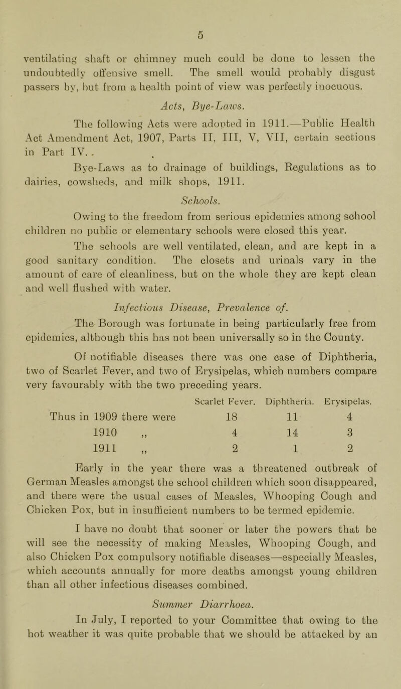 ventilating shaft or chimney nnicli could lie done to lessen the undoubtedly offensive smell. The smell would probably disgust passers by, Init from a health point of view was perfectly inocuous. Acts, Bye-Laws. The following Acts were adonted in 1911.—Public Health Act Amendment Act, 1907, Parts IT, HI, V, VII, certain sections in Part IV. . Bye-Laws as to drainage of buildings, Regulations as to dairies, cowsheds, and milk shops, 1911. Schools. Owing to the freedom from serious epidemics among school children no public or elementary schools were closed this year. The schools are well ventilated, clean, and are kept in a good sanitary condition. The closets and urinals vary in the amount of care of cleanliness, hut on the whole they are kept clean and well Hushed with water. Infectious Disease, Prevalence of. The Borough was fortunate in being particularly free from epidemics, although this has not been universally so in the County. Of notifiable diseases there was one case of Diphtheria, two of Scarlet Fever, and two of Erysipelas, which numbers compare very favourably w'ith the two preceding years. Scarlet Fever. Diphtheria. Erysipelas. Thus in 1909 there were 18 11 4 1910 „ 4 14 3 1911 „ 212 Early in the year there was a threatened outbreak of German Measles amongst tbe school children which soon disappeared, and thex’e were the usual cases of Measles, Whooping Cough and Chicken Pox, but in insufficient numbers to be termed epidemic. I have no doubt that sooner or later the powers that be will see the necessity of making Measles, Whooping Cough, and also Chicken Pox compulsory notifiable diseases—especially Measles, which accounts annually for more deaths amongst young children than all other infectious diseases combined. Summer Diarrhoea. In July, I reported to your Committee that owing to the hot weather it was quite probable that we should be attacked by an