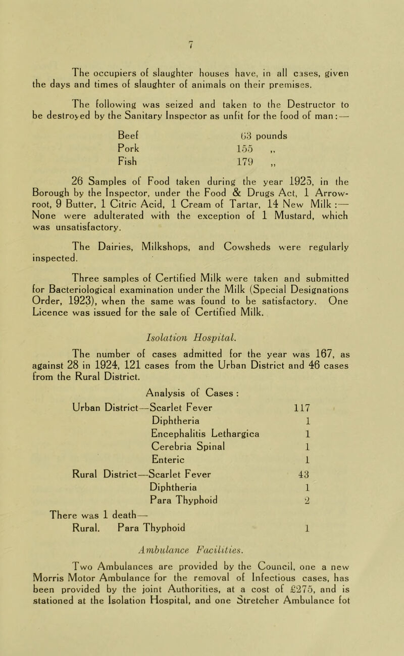 The occupiers of slaughter houses have, in all cases, given the days and times of slaughter of animals on their premises. The following was seized and taken to the Destructor to be destroyed by the Sanitary Inspector as unfit for the food of man: — Beef ()3 pounds Pork 155 Fish 179 „ 26 Samples of Food taken during the year 1925, in the Borough by the Inspector, under the Food & Drugs Act, 1 Arrow- root, 9 Butter, 1 Citric Acid, 1 Cream of Tartar, 14 New Milk : — None were adulterated with the exception of 1 Mustard, which was unsatisfactory. The Dairies, Milkshops, and Cowsheds were regularly inspected. Three samples of Certified Milk were taken and submitted for Bacteriological examination under the Milk (Special Designations Order, 1923), when the same was found to be satisfactory. One Licence was issued for the sale of Certified Milk. Isolation Hospital. The number of cases admitted for the year was 167, as against 28 in 1924, 121 cases from the Urban District and 46 cases from the Rural District. Analysis of Cases : Urban District—Scarlet Fever 117 Diphtheria 1 Encephalitis Lethargica 1 Cerebria Spinal 1 Enteric 1 Rural District—Scarlet Fever 43 Diphtheria 1 Para Thyphoid '1 There was 1 death—- Rural. Para Thyphoid 1 Amhiilance FacilUies. Two Ambulances are provided by the Council, one a new Morris Motor Ambulance for the removal of Infectious cases, has been provided by the joint Authorities, at a cost of £275, and is stationed at the Isolation Hospital, and one Stretcher Ambulance fot