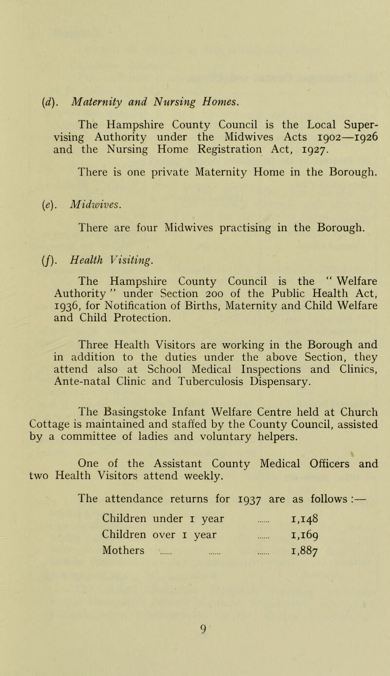 (d). Maternity and Nursing Homes. The Hampshire County Council is the Local Super- vising Authority under the Midwives Acts 1902—1926 and the Nursing Home Registration Act, 1927. There is one private Maternity Home in the Borough. (e). Midi&ives. There are four Midwives practising in the Borough. (/). Health Visiting. The Hampshire County Council is the “ Welfare Authority ” under Section 200 of the Public Health Act, 1936, for Notification of Births, Maternity and Child Welfare and Child Protection. Three Health Visitors are working in the Borough and in addition to the duties under the above Section, they attend also at School Medical Inspections and Clinics, Ante-natal Clinic and Tuberculosis Dispensary. The Basingstoke Infant Welfare Centre held at Church Cottage is maintained and staffed by the County Council, assisted by a committee of ladies and voluntary helpers. One of the Assistant County Medical Officers and two Health Visitors attend weekly. The attendance returns for 1937 are as follows Children under i year 1,148 Children over i year 1,169 Mothers 1,887