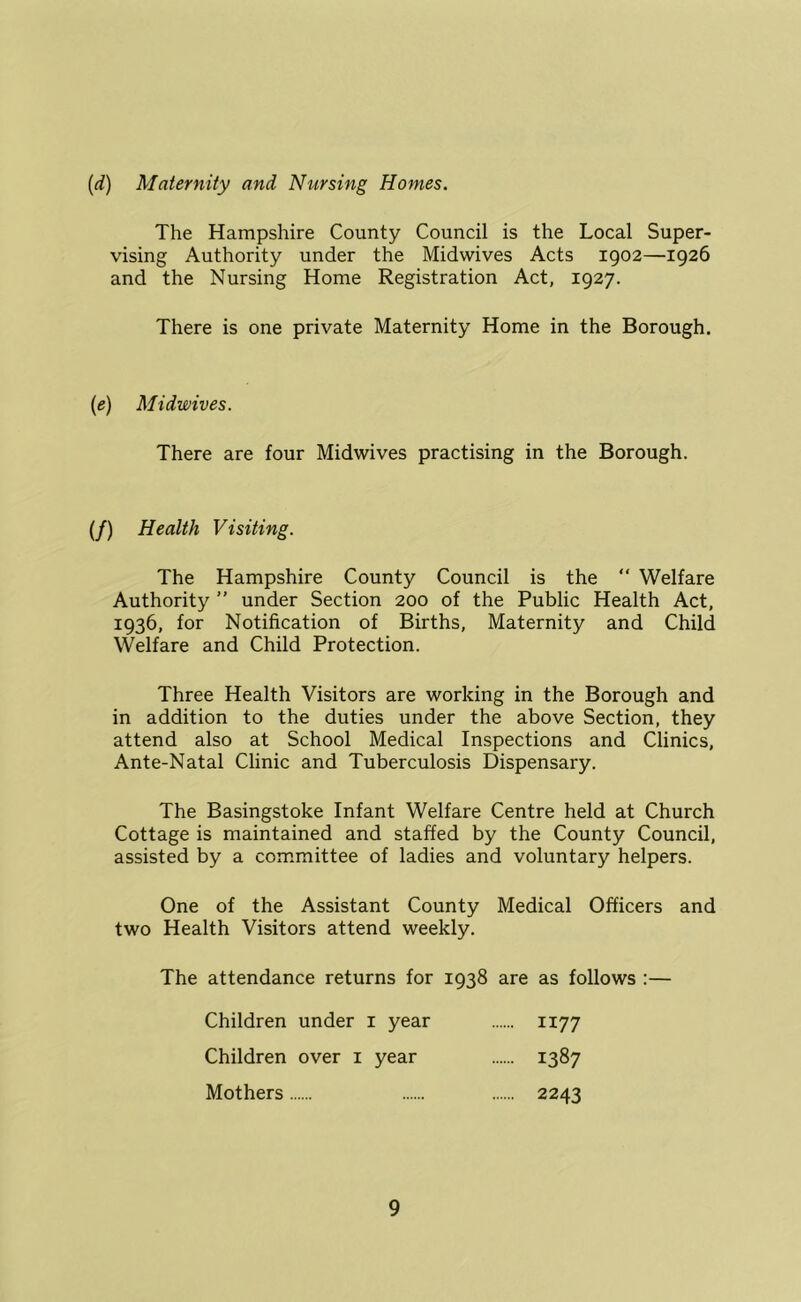 {(i) Maternity and Nursing Homes. The Hampshire County Council is the Local Super- vising Authority under the Midwives Acts igo2—1926 and the Nursing Home Registration Act, 1927. There is one private Maternity Home in the Borough. (e) Midwives. There are four Midwives practising in the Borough. (/) Health Visiting. The Hampshire County Council is the “ Welfare Authority ” under Section 200 of the Public Health Act, 1936, for Notification of Births, Maternity and Child Welfare and Child Protection. Three Health Visitors are working in the Borough and in addition to the duties under the above Section, they attend also at School Medical Inspections and Clinics, Ante-Natal Clinic and Tuberculosis Dispensary. The Basingstoke Infant Welfare Centre held at Church Cottage is maintained and staffed by the County Council, assisted by a com.mittee of ladies and voluntary helpers. One of the Assistant County Medical Officers and two Health Visitors attend weekly. The attendance returns for 1938 are as follows :— Children under i year Children over i year Mothers 9 1177 1387 2243