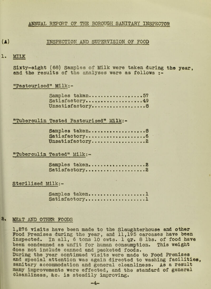 ANNUAL REPORT OF TEES BOROUGH SANITARY INSPECTOR (A) INSPECTION AND SUPERVISION OF FOOD 1. MILK Sixty-eight (68) Samples of Milk were taken during the year, and the results of the analyses were as follows “Pasteurised” Milki- Samples taken 57 Satisfactory 49 Unsatisfactory .8 “Tuberculin Tested Pasteurised” Milk:- Samples taken ....8 Satisfactory 6 Unsatisfactory 2 Tuberculin Tested” Milk:- Samples taken E Satisfactory 2 Sterilised Milk:- Samples taken 1 Satisfactory 1 a, MEAT AND OTHER FOODS 1,276 visits have been made to the Slaughterhouse and other Food Premises during the year, and 11,195 carcases have been inspected. In all, 6 tons 10 cwts. 1 qr, 8 lbs, of food have been condemned as unfit for human consumption. This weight does not include canned and paoketed foods. During the year continued visits were made to Food Premises and special attention was again directed to washing facilities, sanitary accommodation and general cleanliness. As a result many improvements were effected, and the standard of general cleanliness, &c. is steadily improving. -4-