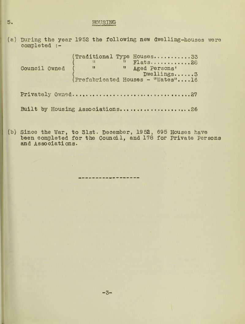 = 5, HOUSING ) (a) During the year 19 52 the following new dwelling-houses were completed (Traditional Type Houses.. 33 ( Flats 28 Council Owned ( ” Aged persons' ( Dwellings 3 (Prefabricated Houses - '’Yfates'’.... 16 Privately Owned 27 Built by Housing Associations .26 (b) Since the YYar, to 31st. December, 19 5E, 695 Houses have been completed for the Council, and 178 for Private Persons and Associations. -3