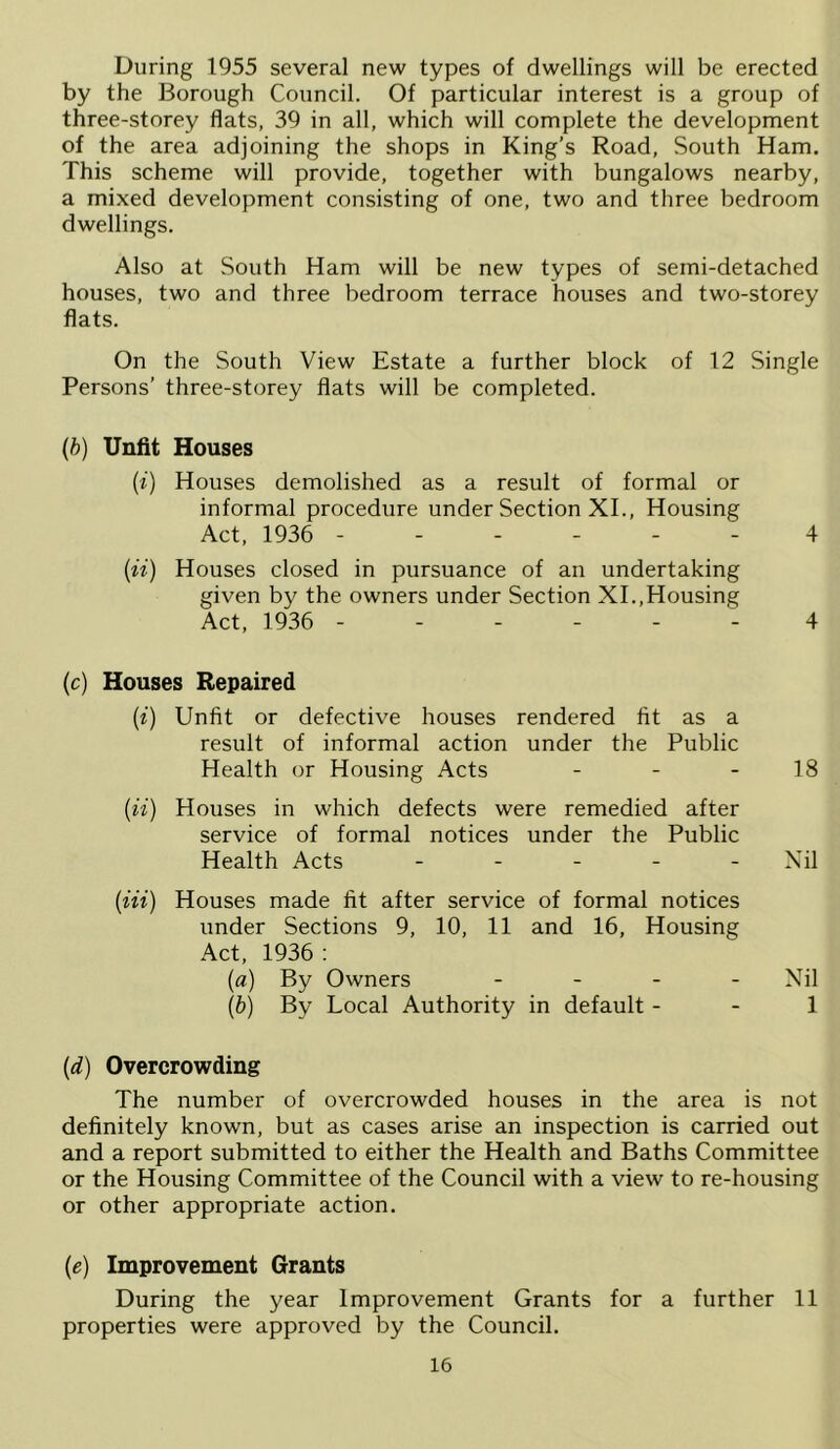 During 1955 several new types of dwellings will be erected by the Borough Council. Of particular interest is a group of three-storey flats, 39 in all, which will complete the development of the area adjoining the shops in King’s Road, South Ham. This scheme will provide, together with bungalows nearby, a mixed development consisting of one, two and three bedroom dwellings. Also at South Ham will be new types of semi-detached houses, two and three bedroom terrace houses and two-storey flats. On the South View Estate a further block of 12 Single Persons’ three-storey flats will be completed. (b) Unfit Houses (i) Houses demolished as a result of formal or informal procedure under Section XL, Housing Act, 1936 ------ 4 (u) Houses closed in pursuance of an undertaking given by the owners under Section XL,Housing Act, 1936 ------ 4 (c) Houses Repaired (t) Unfit or defective houses rendered fit as a result of informal action under the Public Health or Housing Acts - - - 18 (u) Houses in which defects were remedied after service of formal notices under the Public Health Acts - - - - - Nil (m) Houses made fit after service of formal notices under Sections 9, 10, 11 and 16, Housing Act, 1936 ; (a) By Owners . . - . Xil (b) By Local Authority in default - - 1 (d) Overcrowding The number of overcrowded houses in the area is not definitely known, but as cases arise an inspection is carried out and a report submitted to either the Health and Baths Committee or the Housing Committee of the Council with a view to re-housing or other appropriate action. (e) Improvement Grants During the year Improvement Grants for a further 11 properties were approved by the Council.