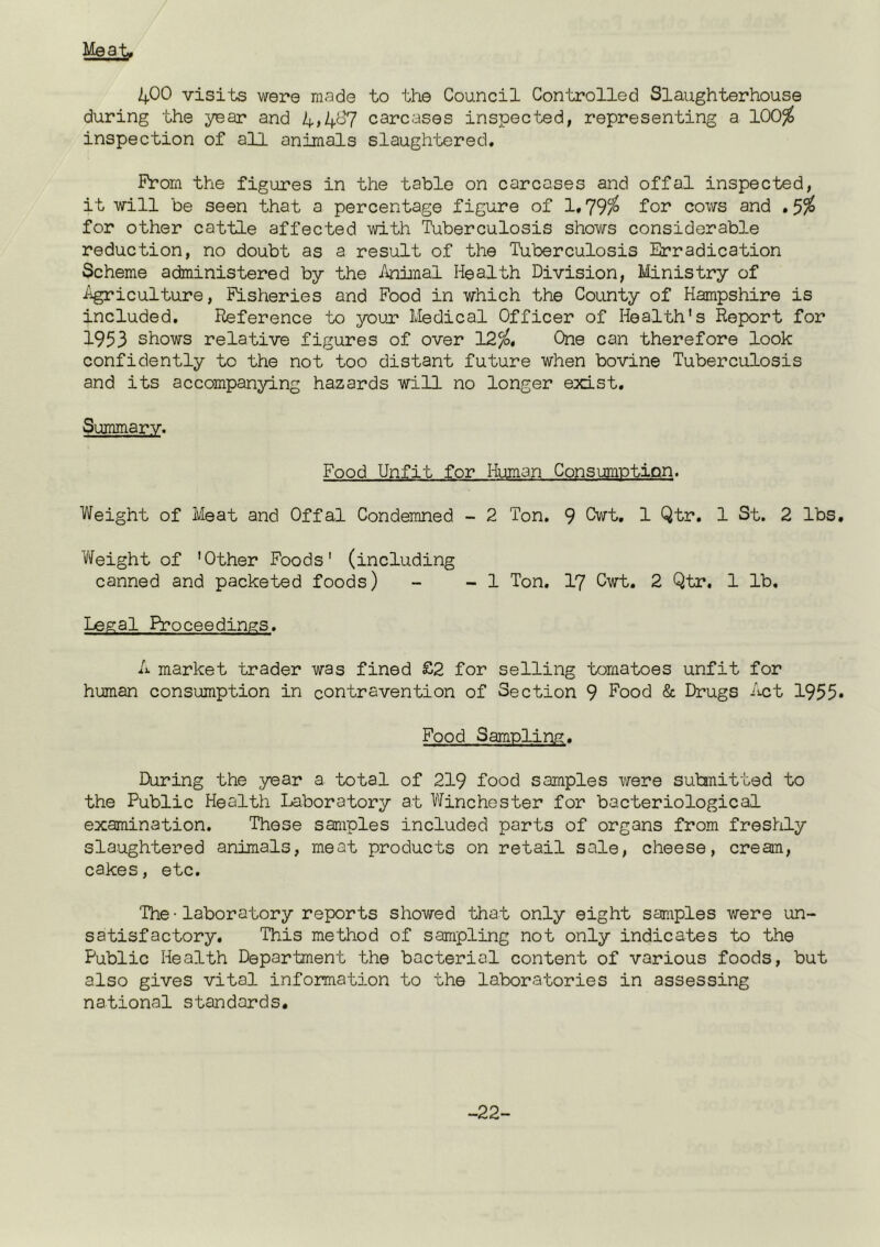 Meat, 400 visits were made to the Council Controlled Slaughterhouse during the year and 4,4o7 carcases inspected, representing a 100^ inspection of all animiLs slaughtered, Prom the figures in the table on carcases and offal inspected, it will be seen that a percentage figure of 1,79^ '^or cows and for other cattle affected with Tuberculosis shows considerable reduction, no doubt as a result of the Tuberculosis Erradication Scheme administered by the Animal Health Division, Ministry of Agriculture, PLsheries and Food in which the County of Hampshire is included. Reference to your Medical Officer of Health's Report for 1953 shows relative figures of over 12%, One can therefore look confidently to the not too distant future when bovine Tuberculosis and its accompanying hazards will no longer exist. Summary. Food Unfit for Human Consumption. Weight of Meat and Offal Condemned - 2 Ton, 9 Cwt, 1 Qtr, 1 St. 2 lbs. Weight of 'Other Foods' (including canned and packeted foods) - - 1 Ton. I7 Cwt. 2 Qtr, 1 lb. Legal Proceedings. A market trader was fined £2 for selling tomatoes unfit for human consumption in contravention of Section 9 Food & Drugs iM3t 1955* Food Sampling, During the year a total of 219 food samples were submitted to the Public Health Laboratory at Winchester for bacteriological examination. These samples included parts of organs from freshly slaughtered animals, meat products on retail sale, cheese, cream, cakes, etc. The•laboratory reports showed that only eight samples v/ere un- satisfactory. This method of sampling not only indicates to the Public Health Department the bacterial content of various foods, but also gives vital information to the laboratories in assessing national standards. -22-