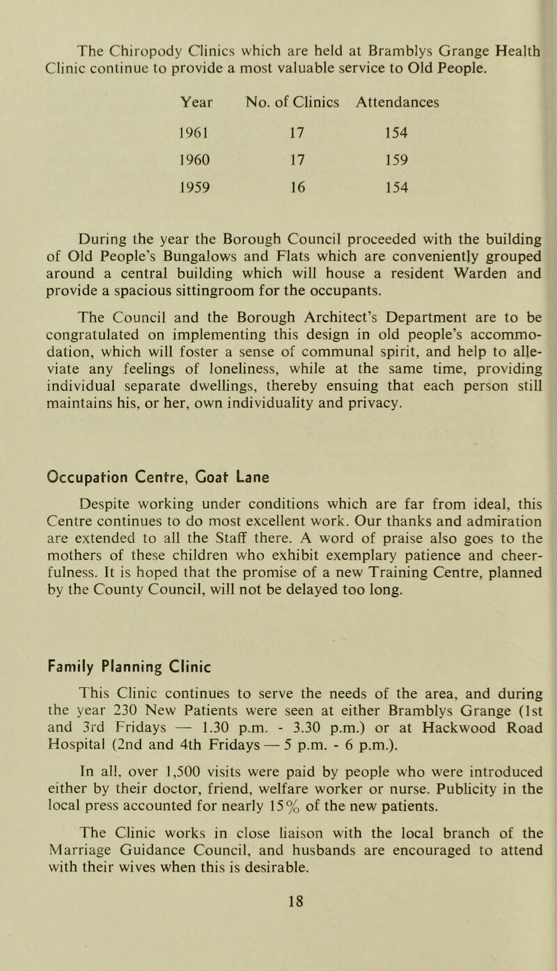 The Chiropody Clinics which are held at Bramblys Grange Health Clinic continue to provide a most valuable service to Old People. Year No. of Clinics Attendances 1961 17 154 1960 17 159 1959 16 154 During the year the Borough Council proceeded with the building of Old People’s Bungalows and Flats which are conveniently grouped around a central building which will house a resident Warden and provide a spacious sittingroom for the occupants. The Council and the Borough Architect’s Department are to be congratulated on implementing this design in old people’s accommo- dation, which will foster a sense of communal spirit, and help to alle- viate any feelings of loneliness, while at the same time, providing individual separate dwellings, thereby ensuing that each person still maintains his, or her, own individuality and privacy. Occupation Centre, Goat Lane Despite working under conditions which are far from ideal, this Centre continues to do most excellent work. Our thanks and admiration are extended to all the Staff there. A word of praise also goes to the mothers of these children who exhibit exemplary patience and cheer- fulness. It is hoped that the promise of a new Training Centre, planned by the County Council, will not be delayed too long. Family Planning Clinic This Clinic continues to serve the needs of the area, and during the year 230 New Patients were seen at either Bramblys Grange (1st and 3rd Fridays — 1.30 p.m. - 3.30 p.m.) or at Hackwood Road Hospital (2nd and 4th Fridays — 5 p.m. - 6 p.m.). In all, over 1,500 visits were paid by people who were introduced either by their doctor, friend, welfare worker or nurse. Publicity in the local press accounted for nearly 15% of the new patients. The Clinic works in close liaison with the local branch of the Marriage Guidance Council, and husbands are encouraged to attend with their wives when this is desirable.