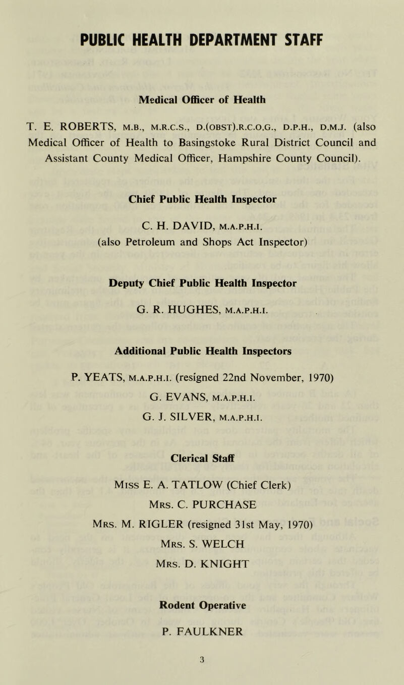 PUBLIC HEALTH DEPARTMENT STAFF Medical Officer of Health T. E. ROBERTS, m.b., m.r.c.s., d.(obst).r.c.o.g., d.p.h., d.m.j. (also Medical Officer of Health to Basingstoke Rural District Council and Assistant County Medical Officer, Hampshire County Council). Chief Public Health Inspector C. H. DAVID, M.A.p.H.i. (also Petroleum and Shops Act Inspector) Deputy Chief Public Health Inspector G. R. HUGHES, m.a.p.h.i. Additional Public Health Inspectors P. YEATS, M.A.P.H.I. (resigned 22nd November, 1970) G. EVANS, M.A.P.H.I. G. J. SILVER, M.A.P.H.I. Clerical Staff Miss E. A. TATLOW (Chief Clerk) Mrs. C. purchase Mrs. M. RIGLER (resigned 31st May, 1970) Mrs. S. welch Mrs. D. knight Rodent Operative P. FAULKNER