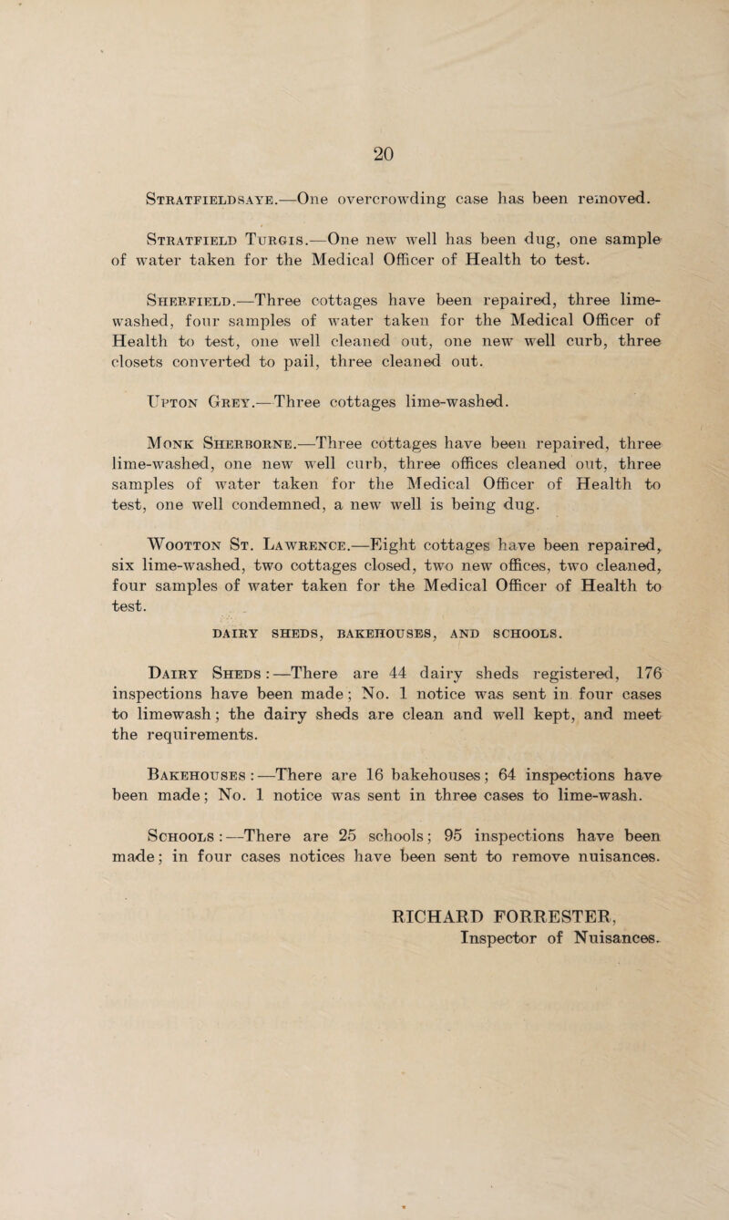 Stratfieldsaye.—One overcrowding case has been removed. Stratfield Turgis.—One new well has been dug, one sample of water taken for the Medical Officer of Health to test. Sheffield.—'Three cottages have been repaired, three lime- washed, four samples of water taken for the Medical Officer of Health to test, one well cleaned out, one new well curb, three closets converted to pail, three cleaned out. Upton Grey.—Three cottages lime-washed. Monk Sherborne.—Three cottages have been repaired, three lime-washed, one new well curb, three offices cleaned out, three samples of water taken for the Medical Officer of Health to test, one well condemned, a new well is being dug. Wootton St. Lawrence.—Eight cottages have been repaired, six lime-washed, two cottages closed, two new offices, two cleaned, four samples of water taken for the Medical Officer of Health to test. DAIRY SHEDS, BAKEHOUSES, AND SCHOOLS. Dairy Sheds:—There are 44 dairy sheds registered, 176 inspections have been made ; No. 1 notice was sent in four cases to limewash; the dairy sheds are clean and well kept, and meet the requirements. Bakehouses:—There are 16 bakehouses; 64 inspections have been made; No. 1 notice was sent in three cases to lime-wash. Schools : —There are 25 schools; 95 inspections have been made; in four cases notices have been sent to remove nuisances. RICHARD FORRESTER, Inspector of Nuisances.