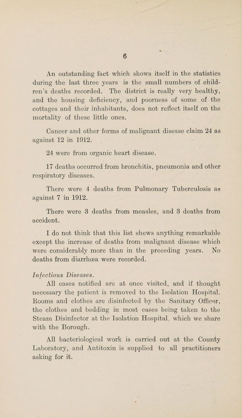 An outstanding fact which shows itself in the statistics during the last three years is the small numbers of child¬ ren’s deaths recorded. The district is really very healthy, and the housing deficiency, and poorness of some of the cottages and their inhabitants, does not reflect itself on the mortality of these little ones. Cancer and other forms of malignant disease claim 24 as against 12 in 1912. 24 were from organic heart disease. 17 deaths occurred from bronchitis, pneumonia and other respiratory diseases. There were 4 deaths from Pulmonary Tuberculosis as against 7 in 1912. There were 3 deaths from measles, and 3 deaths from accident. I do not think that this list shews anything remarkable except the increase of deaths from malignant disease which were considerably more than in the preceding years. No deaths from diarrhoea were recorded. Infectious Diseases. All cases notified are at once visited, and if thought necessary the patient is removed to the Isolation Hospital. Rooms and clothes are disinfected by the Sanitary Officer, the clothes and bedding in most cases being taken to the Steam Disinfector at the Isolation Hospital, which we share with the Borough. All bacteriological work is carried out at the County Laboratory, and Antitoxin is supplied to all practitioners asking for it.